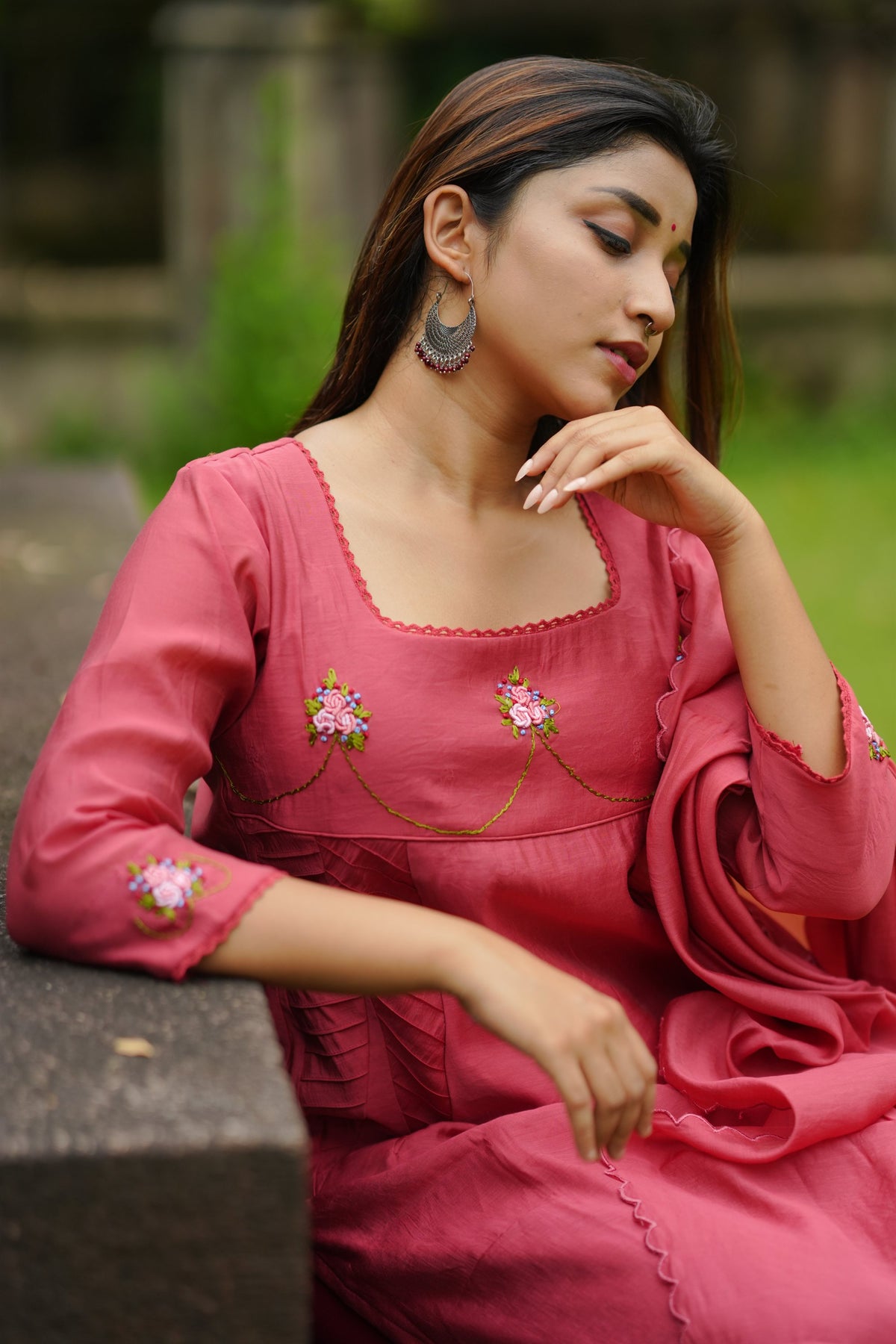Reddidh brown shaded roman silk slitted partywear kurti with thread embroidery detailings on top and dupatta MBS-1272