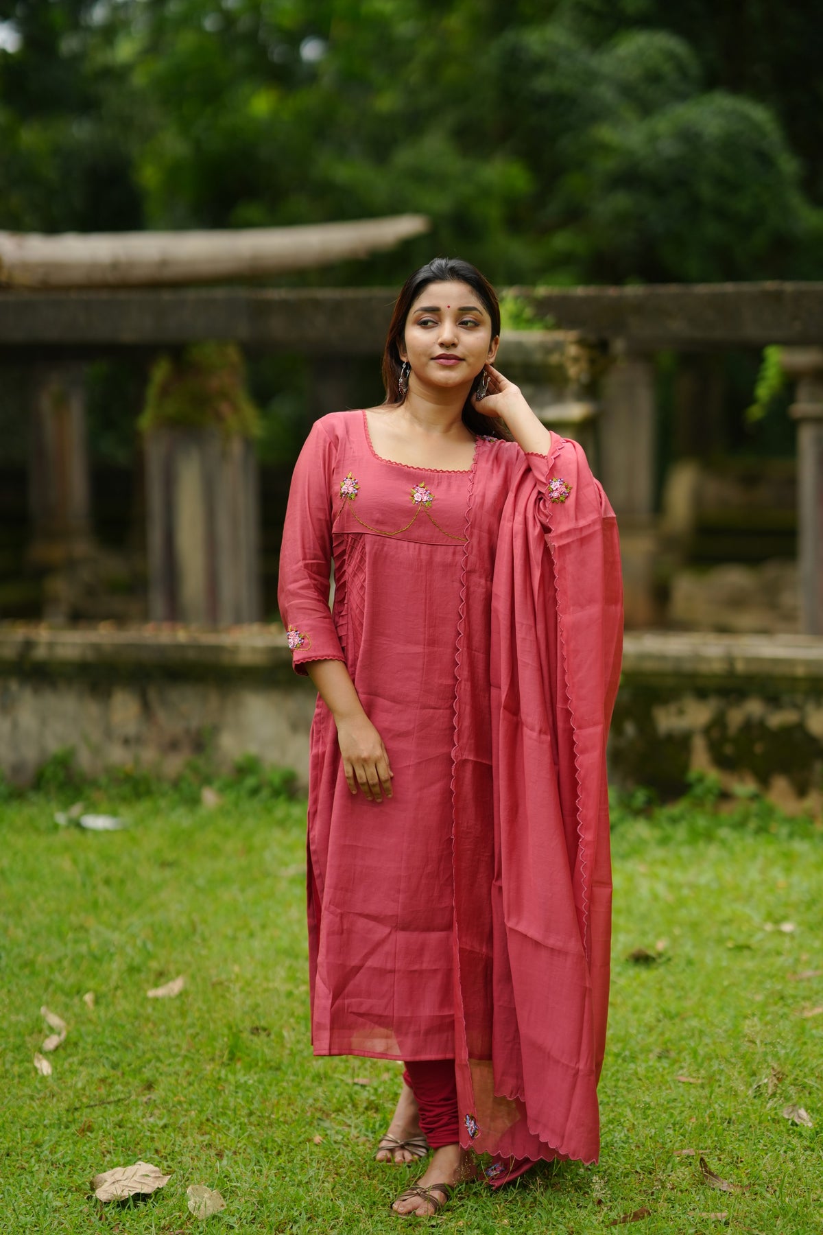 Reddidh brown shaded roman silk slitted partywear kurti with thread embroidery detailings on top and dupatta MBS-1272