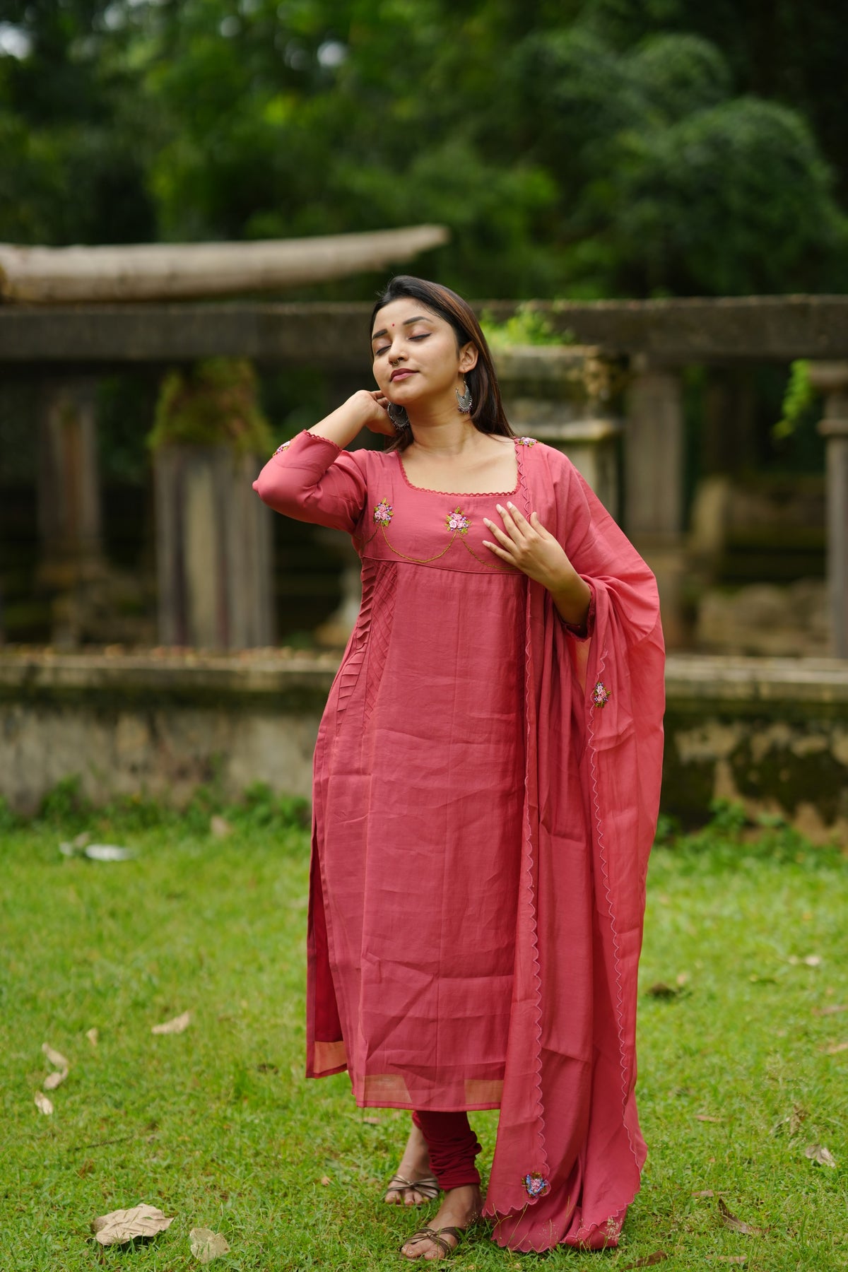 Reddidh brown shaded roman silk slitted partywear kurti with thread embroidery detailings on top and dupatta MBS-1272
