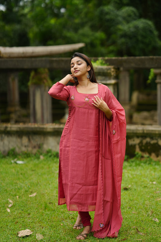 Reddidh brown shaded roman silk slitted partywear kurti with thread embroidery detailings on top and dupatta MBS-1272