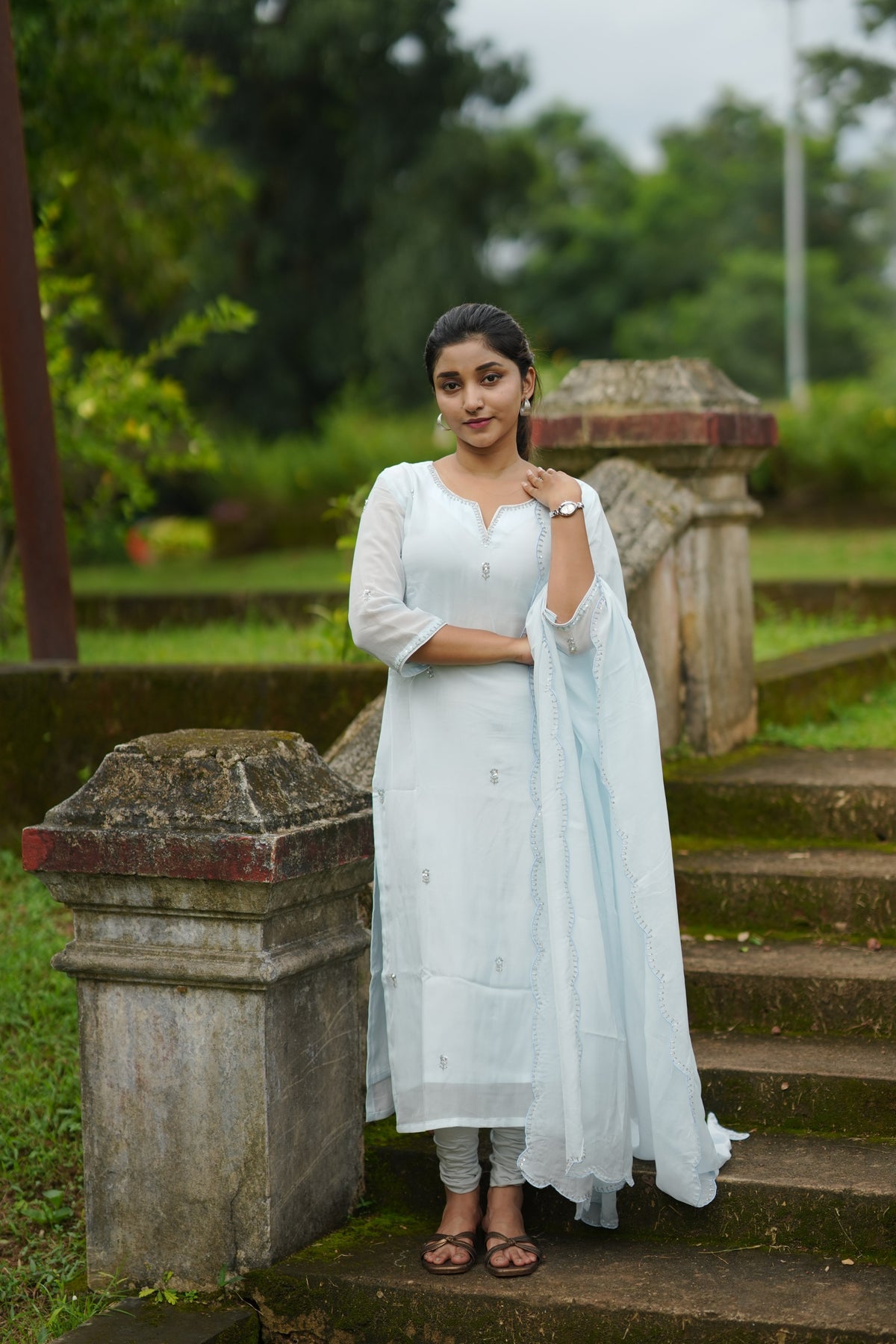 Pastel blue viscose organza partywear kurti with hand embroidered top and dupatta paired with santoon fabric for bottom MBS-1334