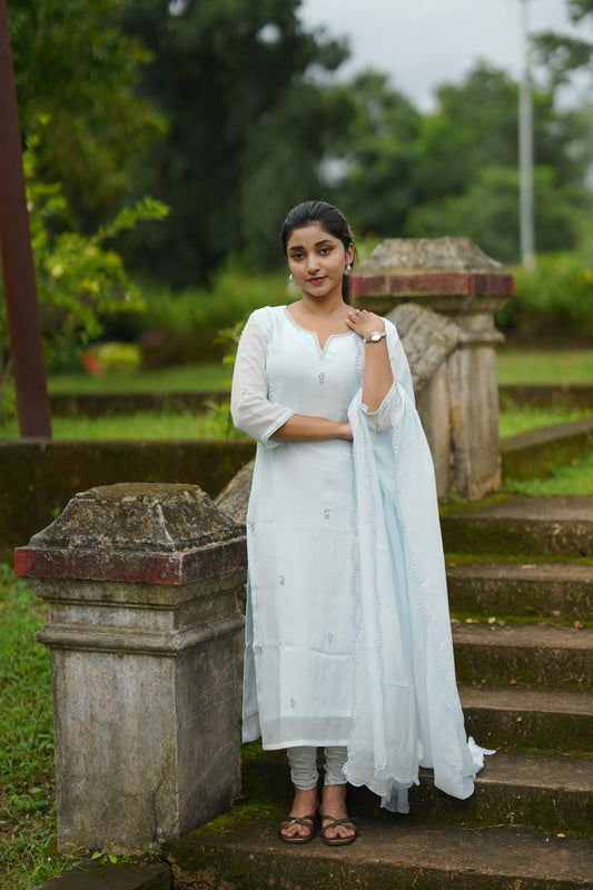 Pastel blue viscose organza partywear kurti with hand embroidered top and dupatta paired with santoon fabric for bottom MBS-1334