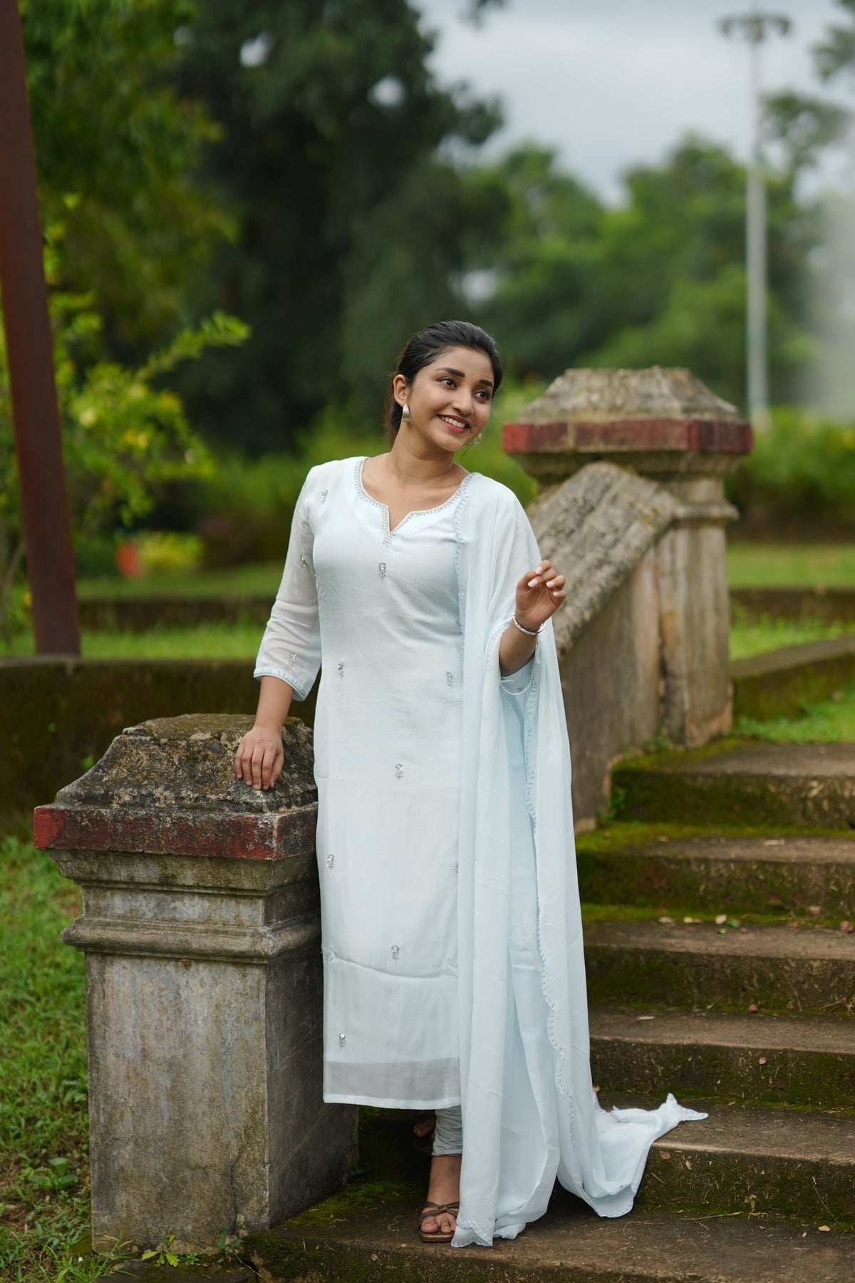 Pastel blue viscose organza partywear kurti with hand embroidered top and dupatta paired with santoon fabric for bottom MBS-1334