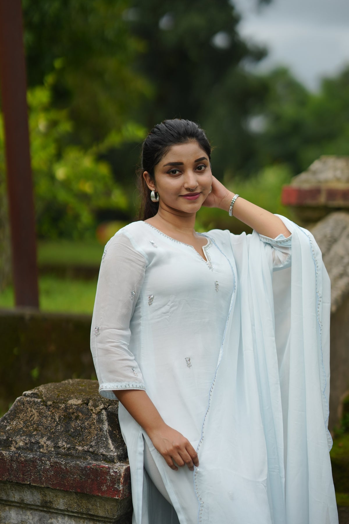 Pastel blue viscose organza partywear kurti with hand embroidered top and dupatta paired with santoon fabric for bottom MBS-1334
