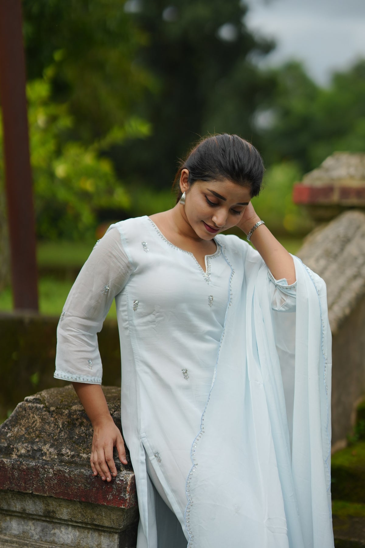 Pastel blue viscose organza partywear kurti with hand embroidered top and dupatta paired with santoon fabric for bottom MBS-1334