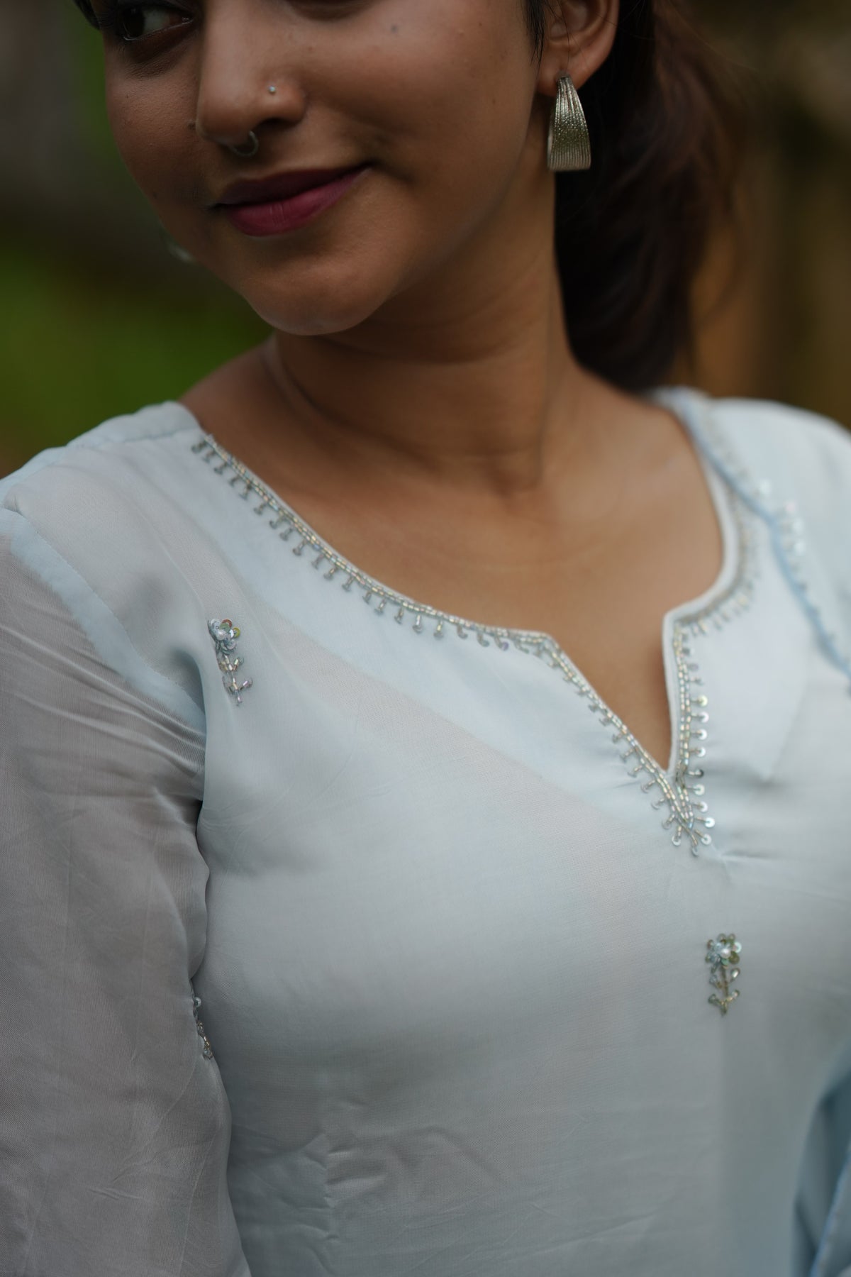 Pastel blue viscose organza partywear kurti with hand embroidered top and dupatta paired with santoon fabric for bottom MBS-1334