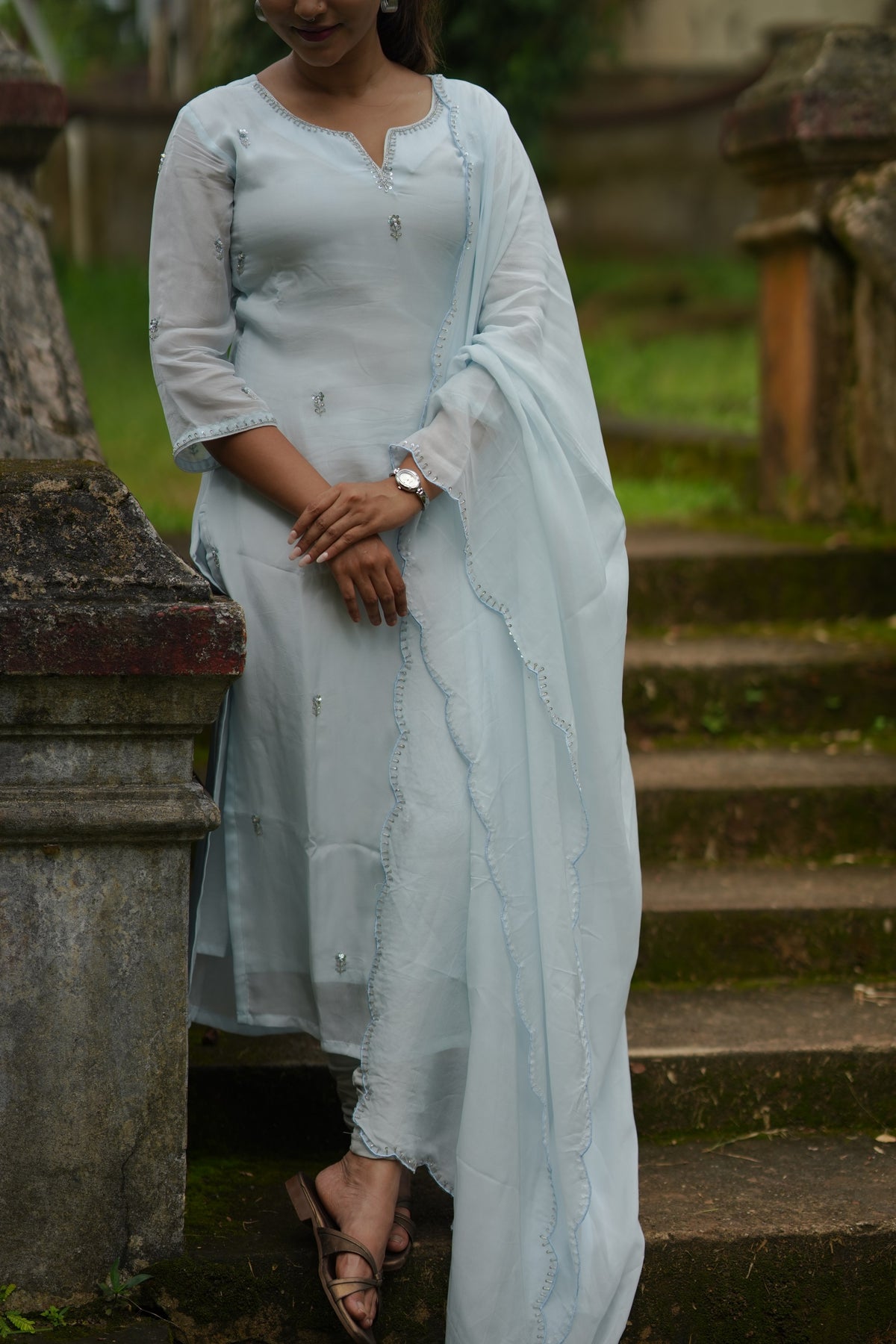 Pastel blue viscose organza partywear kurti with hand embroidered top and dupatta paired with santoon fabric for bottom MBS-1334