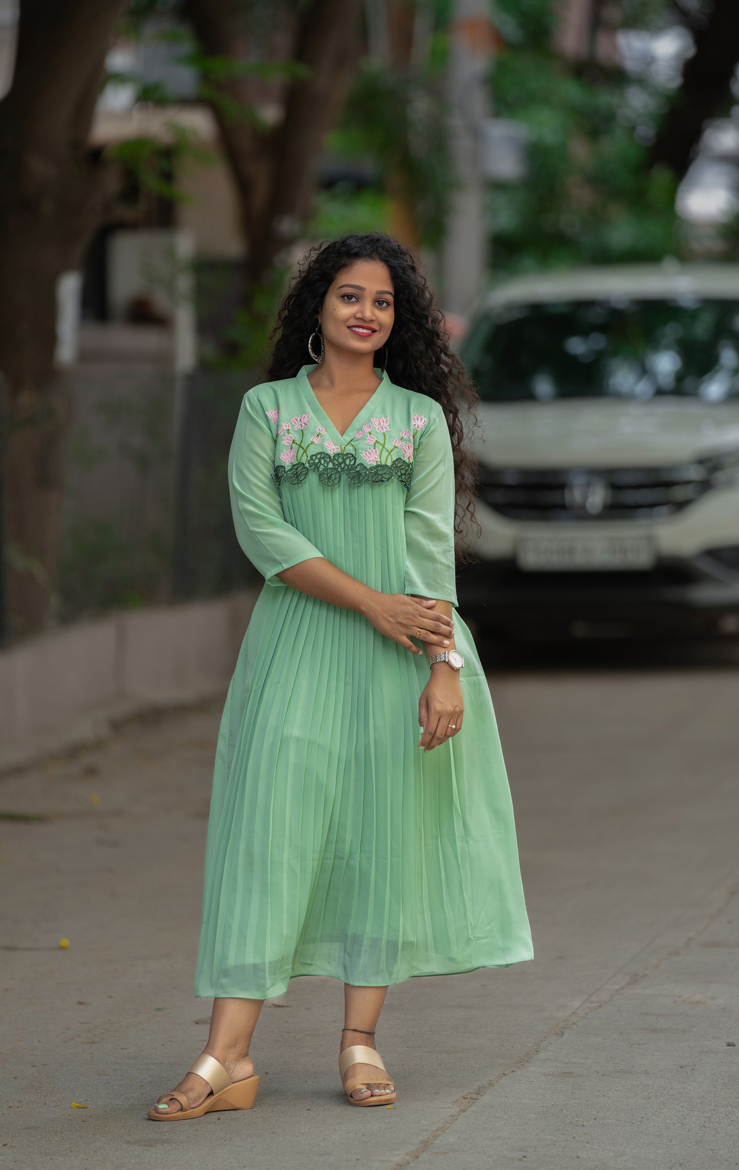 Pista green georgette Aline kurti with cutworked yoke and pleats MBS-379