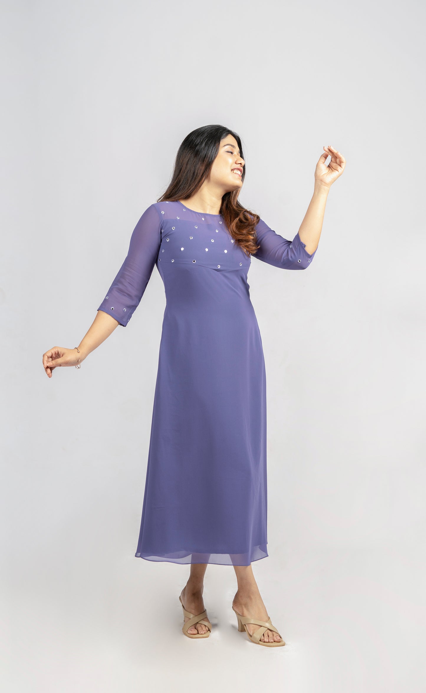 Bluish grey georgette A-line kurti with mirror worked yoke MBS-259