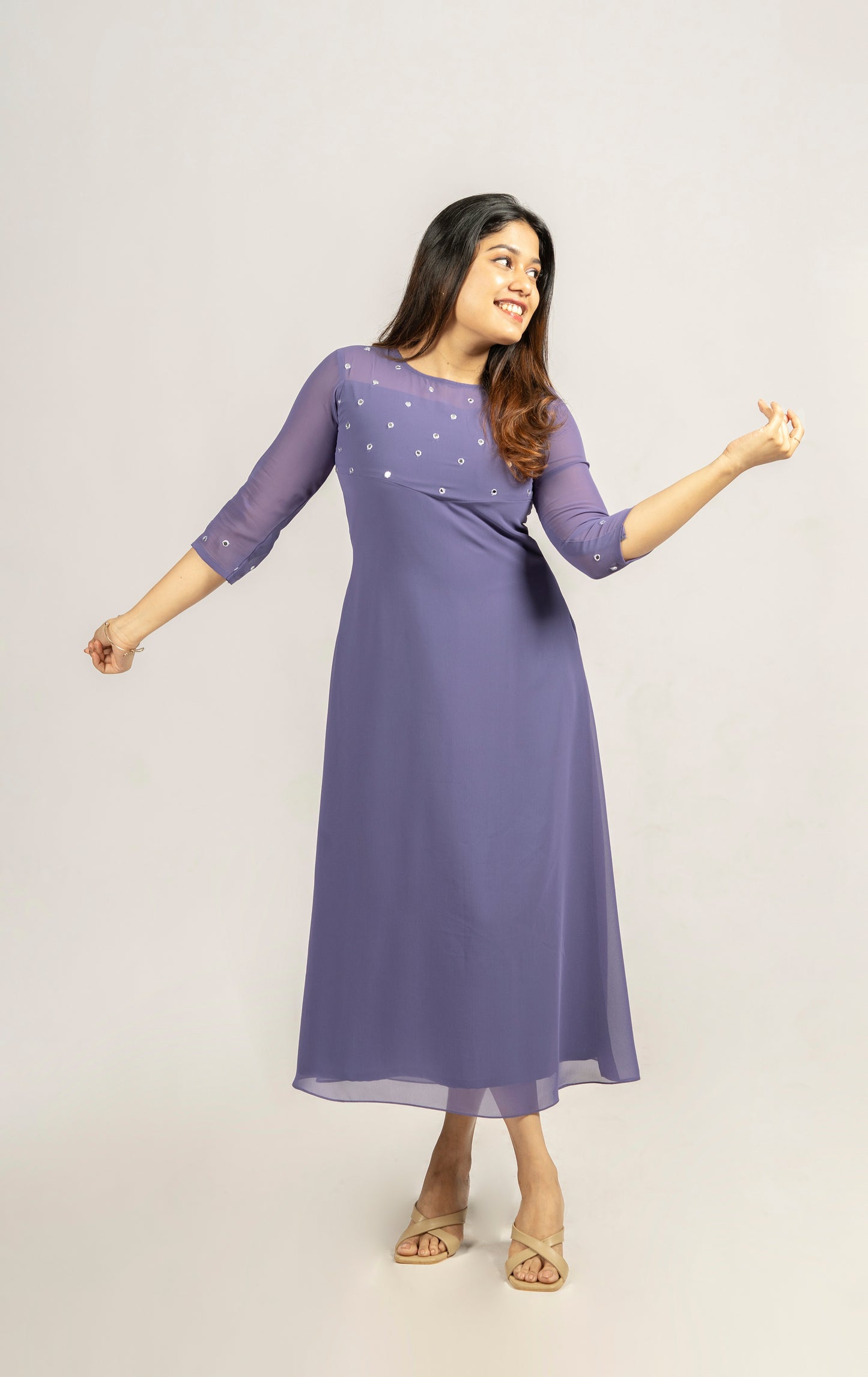 Bluish grey georgette A-line kurti with mirror worked yoke MBS-259