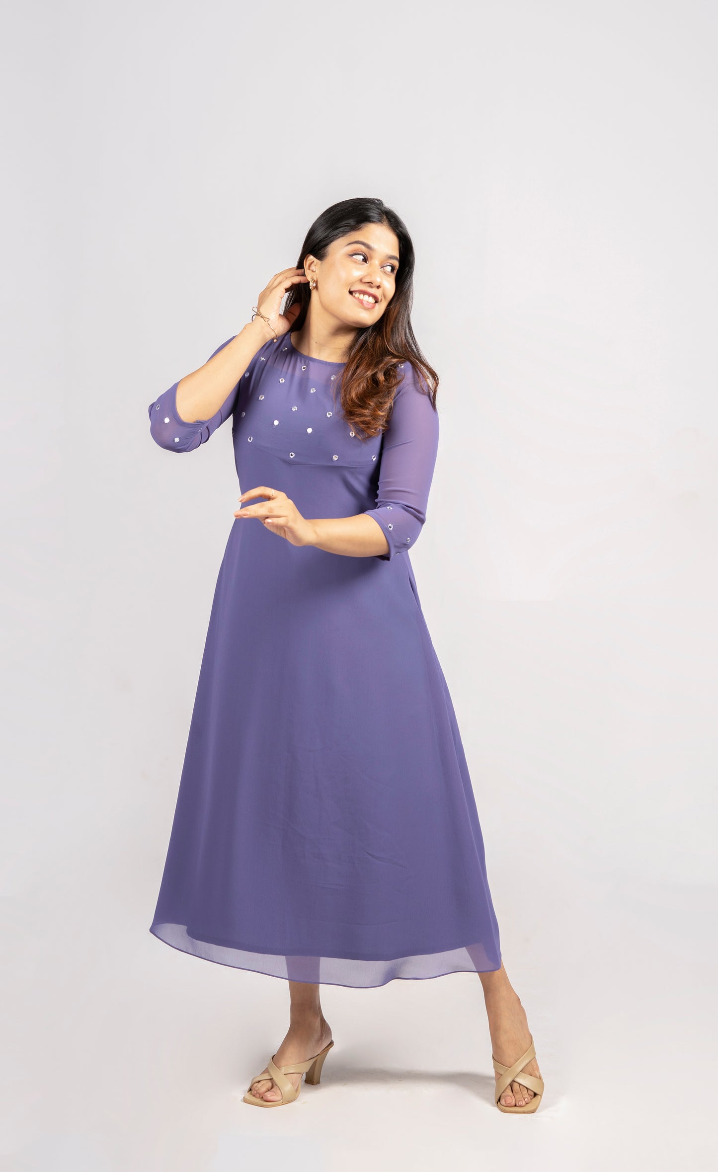 Bluish grey georgette A-line kurti with mirror worked yoke MBS-259