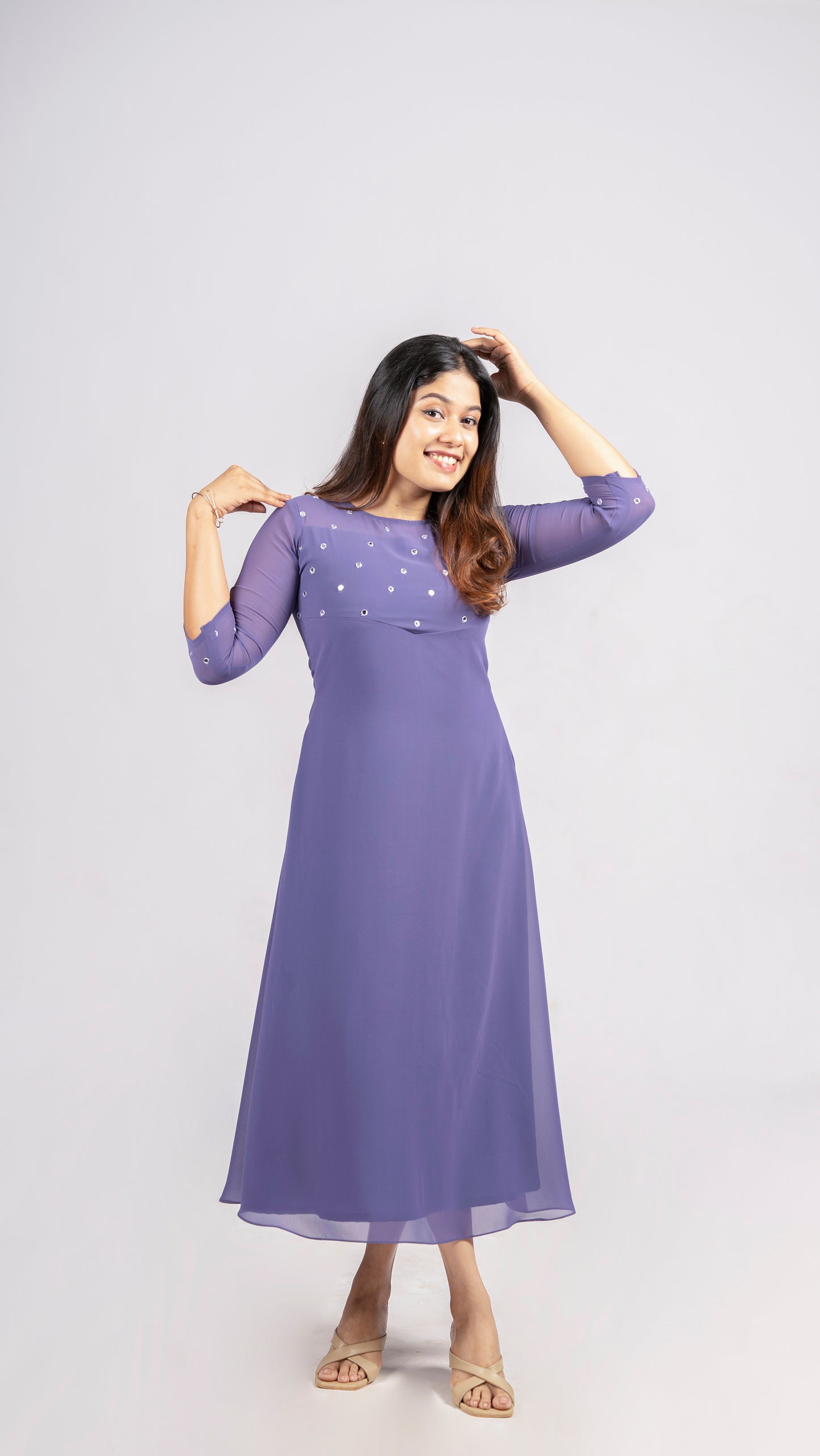 Bluish grey georgette A-line kurti with mirror worked yoke MBS-259