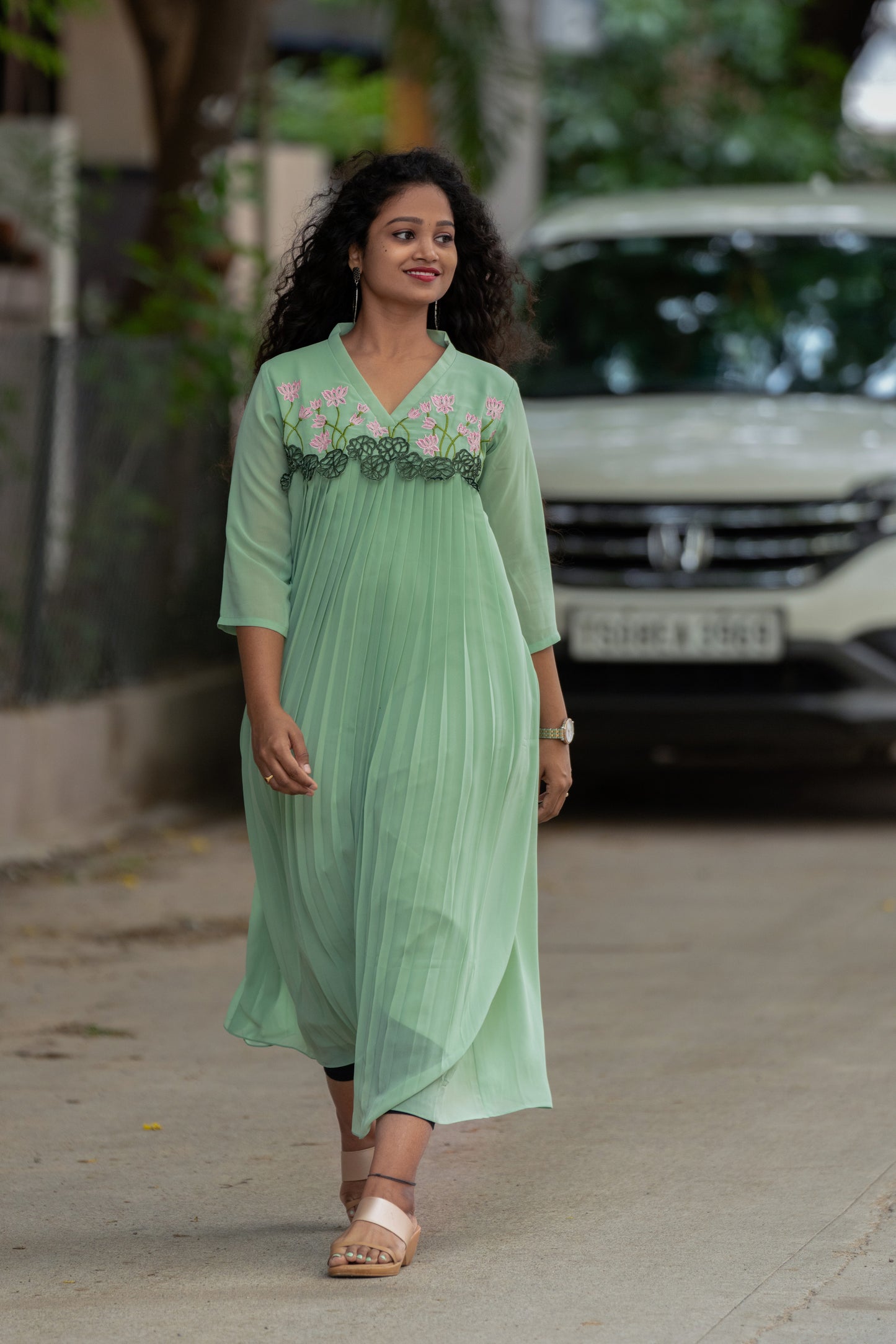 Pista green georgette Aline kurti with cutworked yoke and pleats MBS-379