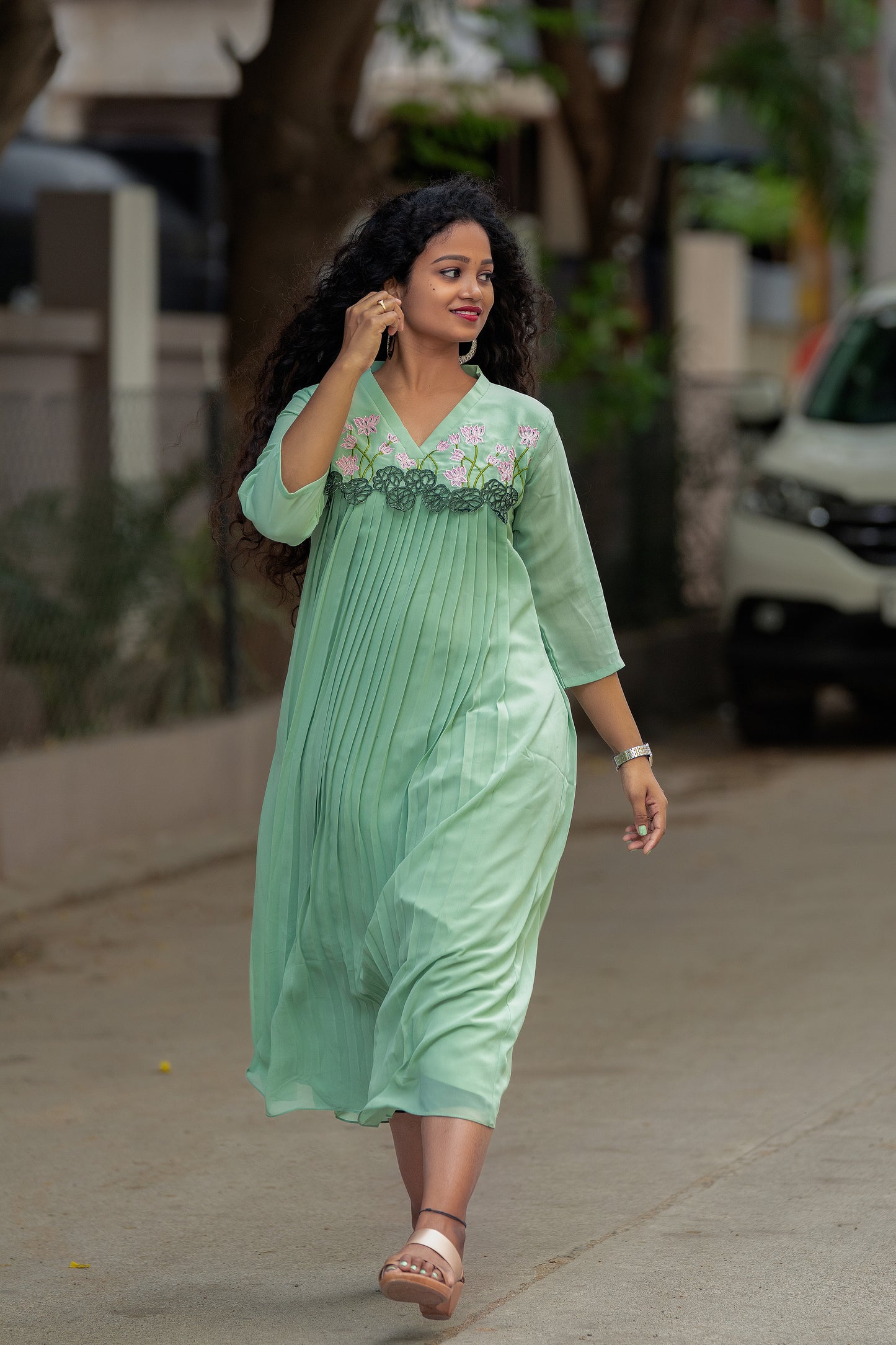 Pista green georgette Aline kurti with cutworked yoke and pleats MBS-379