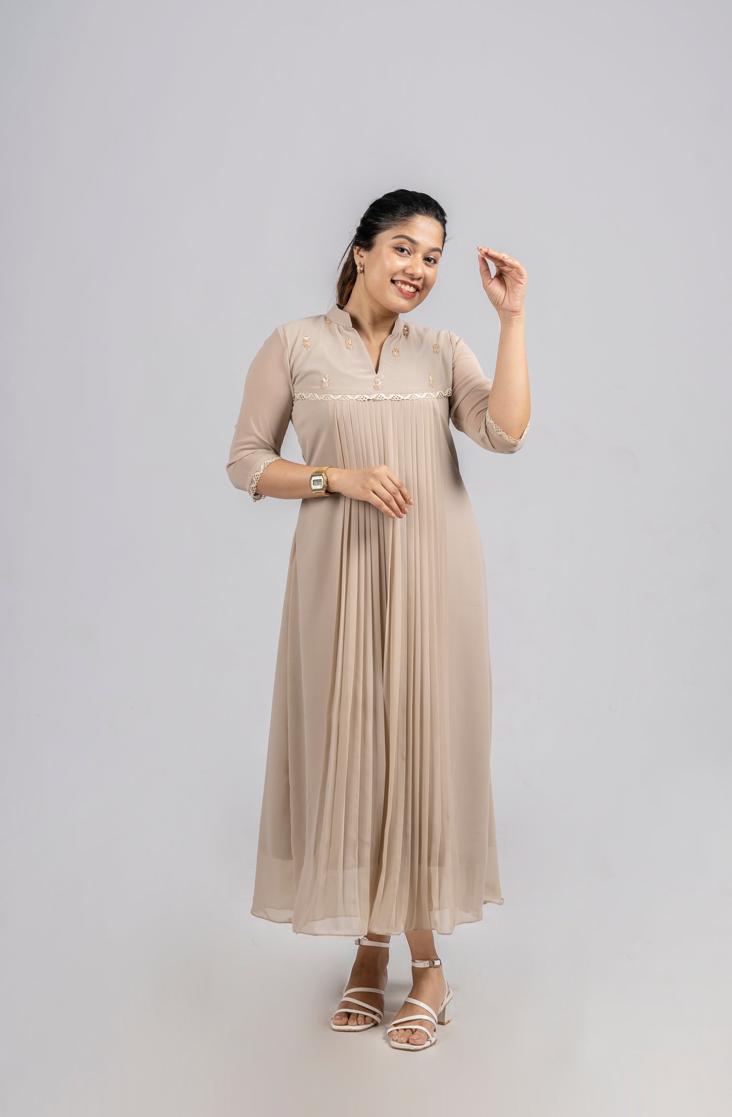 Beige shaded georgette A-line kurti with handworked yoke and lace detailing MBS-254