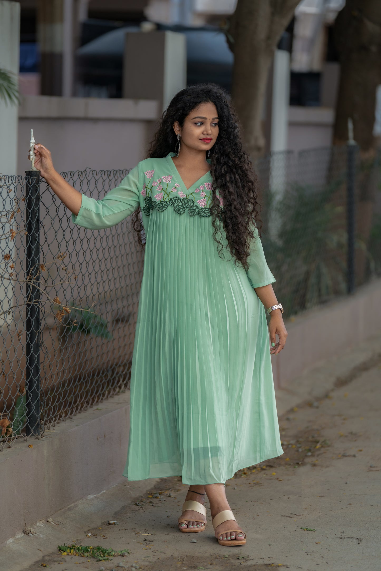 Pista green georgette Aline kurti with cutworked yoke and pleats MBS-379