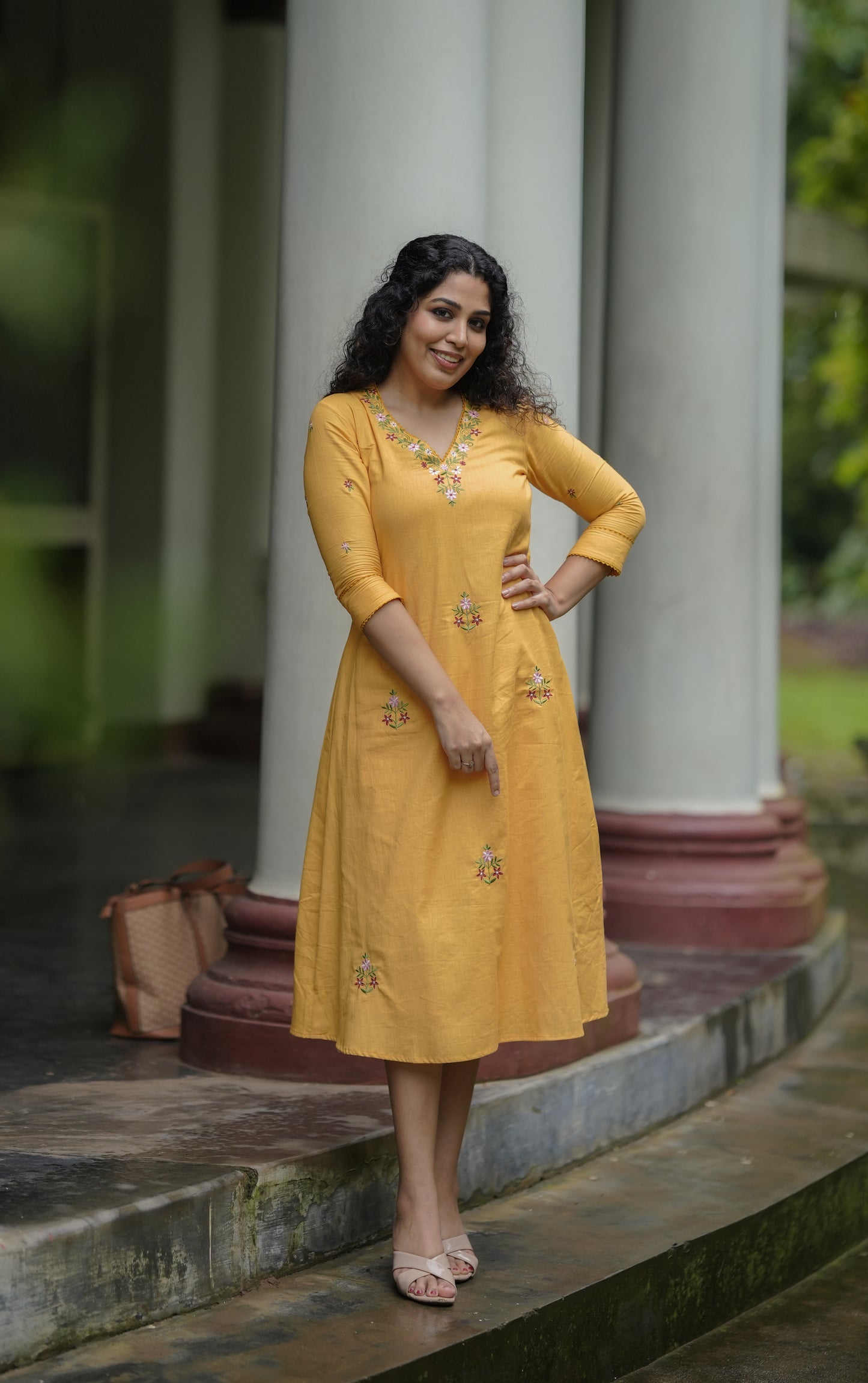 Yellow cotton flex kurti with floral thread embroidery MBS-648