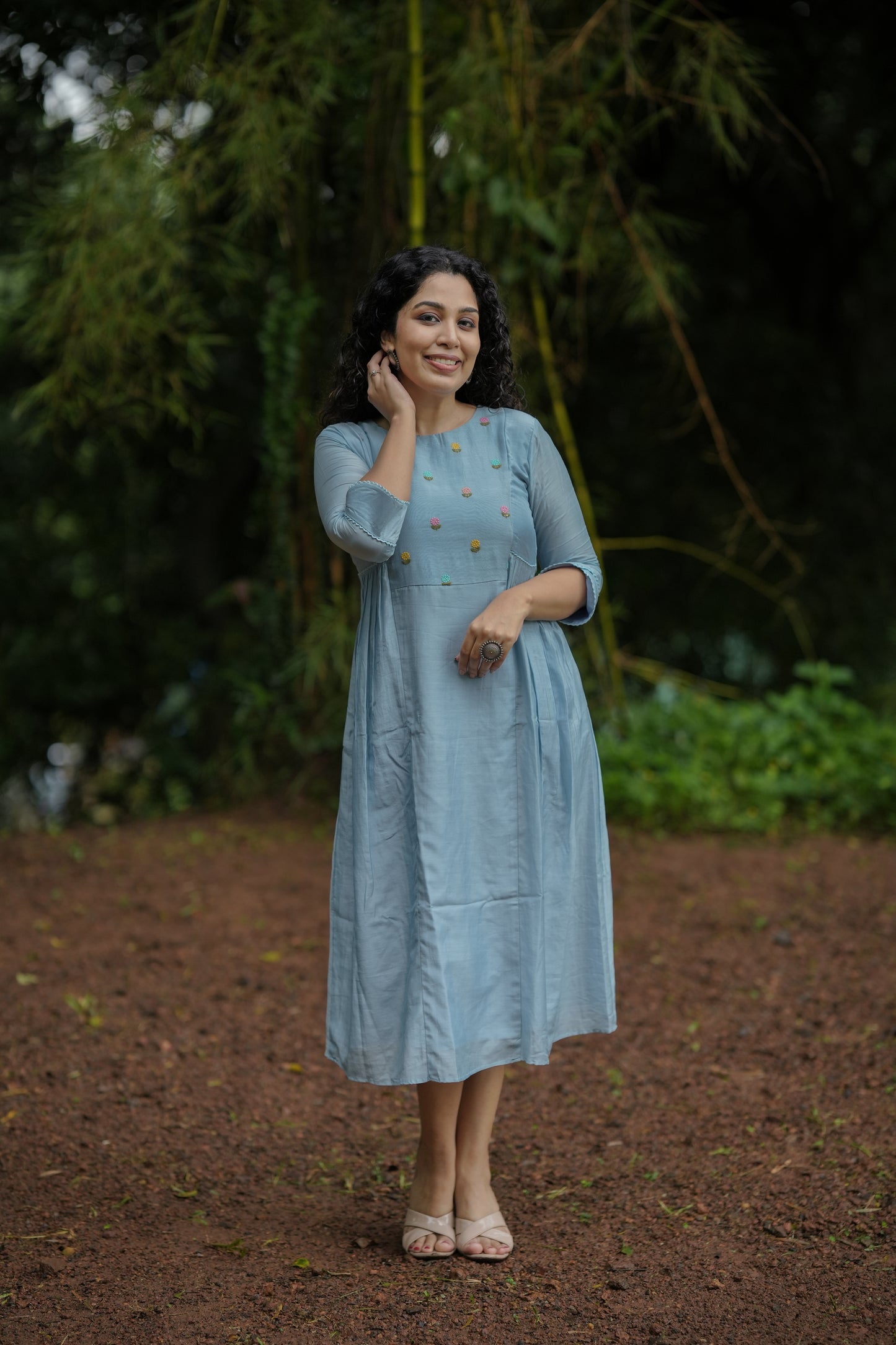 Pure viscose mul chanderi kurti/dress with thread embroidery yoke and side gathers in powder blue shade MBS-650