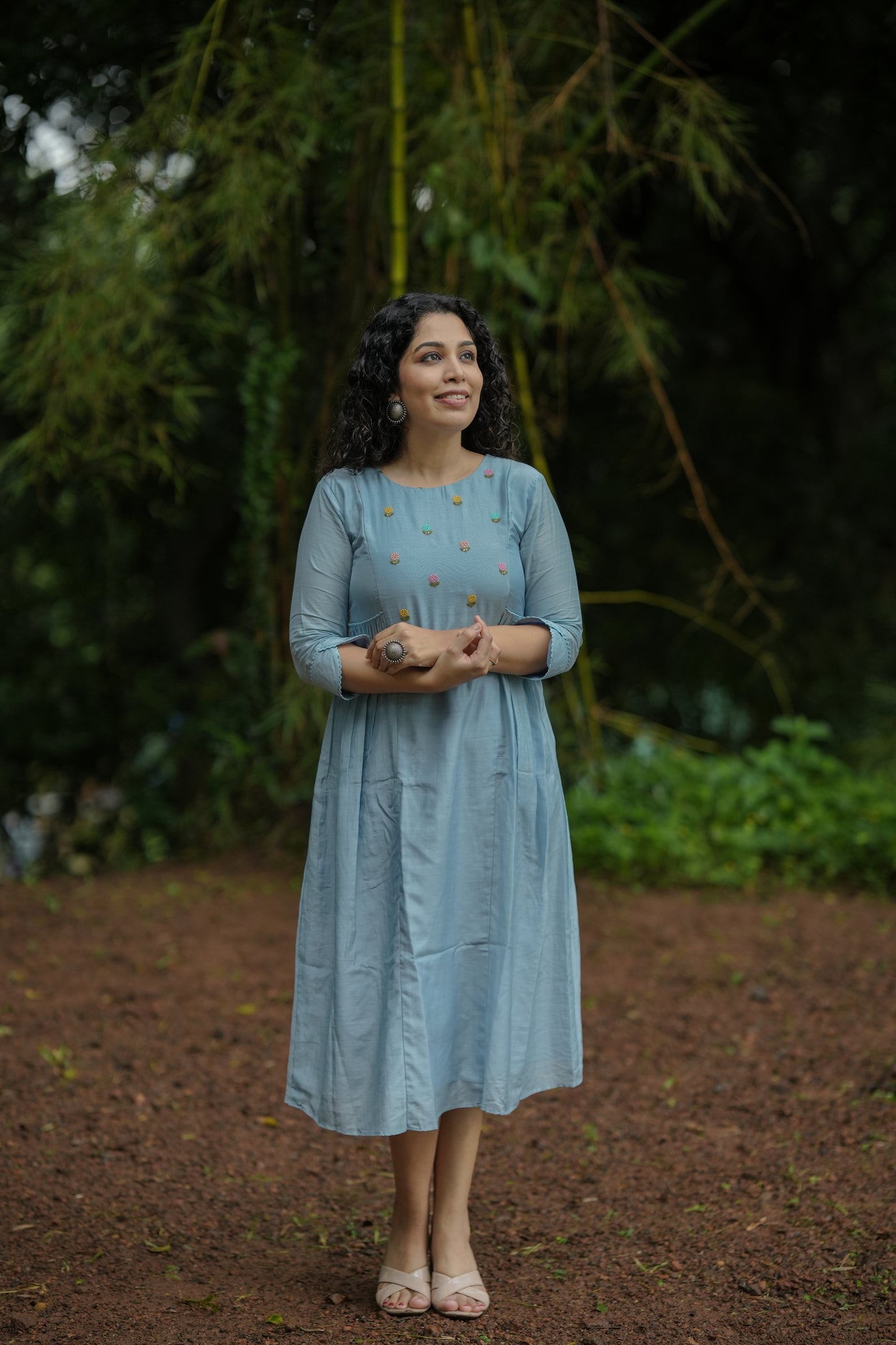 Pure viscose mul chanderi kurti/dress with thread embroidery yoke and side gathers in powder blue shade MBS-650