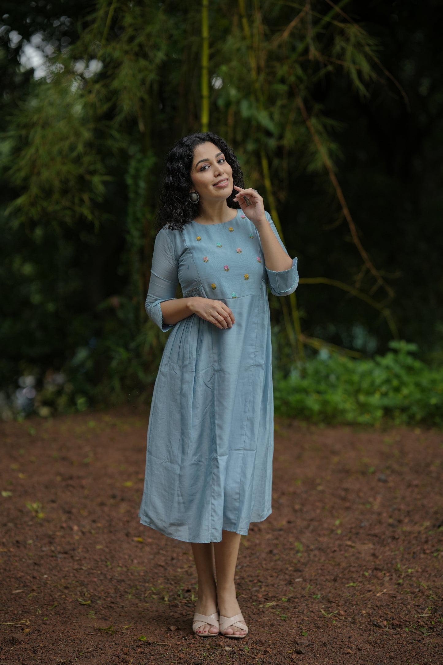 Pure viscose mul chanderi kurti/dress with thread embroidery yoke and side gathers in powder blue shade MBS-650