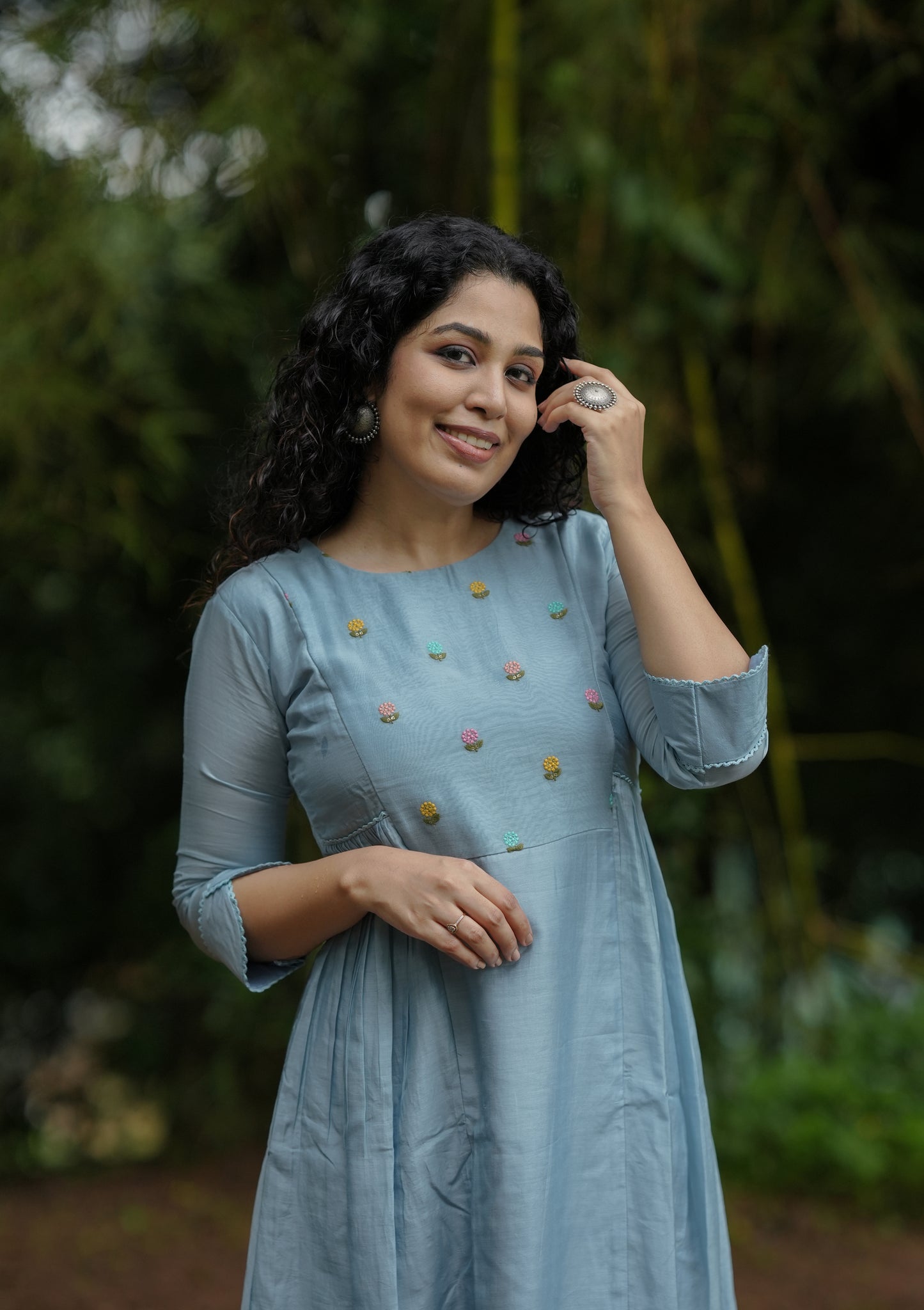 Pure viscose mul chanderi kurti/dress with thread embroidery yoke and side gathers in powder blue shade MBS-650