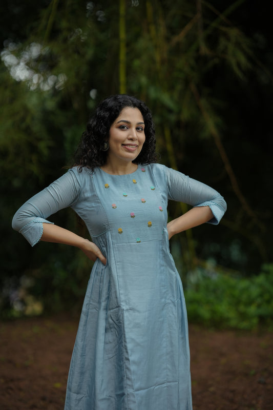 Pure viscose mul chanderi kurti/dress with thread embroidery yoke and side gathers in powder blue shade MBS-650