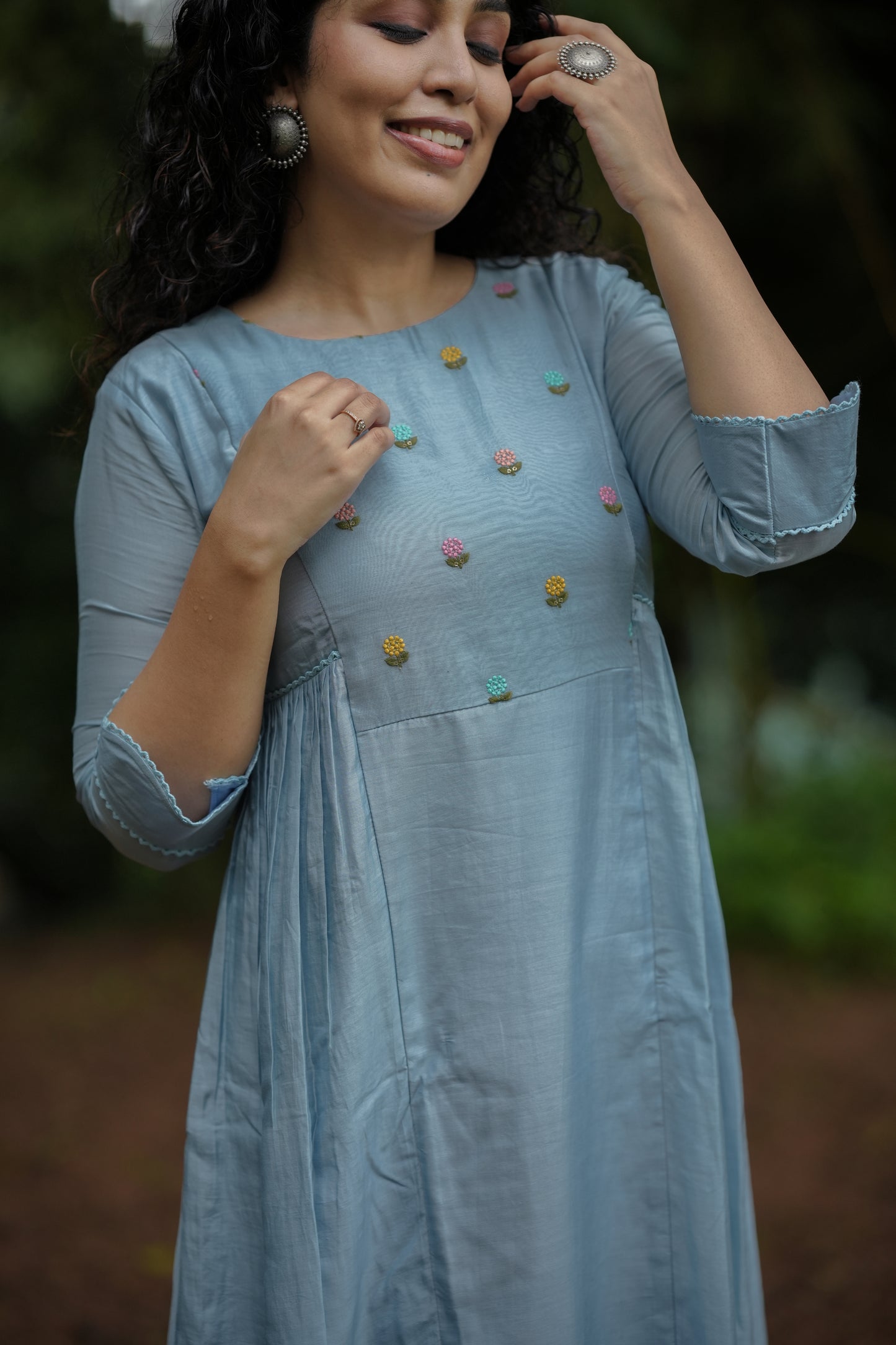 Pure viscose mul chanderi kurti/dress with thread embroidery yoke and side gathers in powder blue shade MBS-650