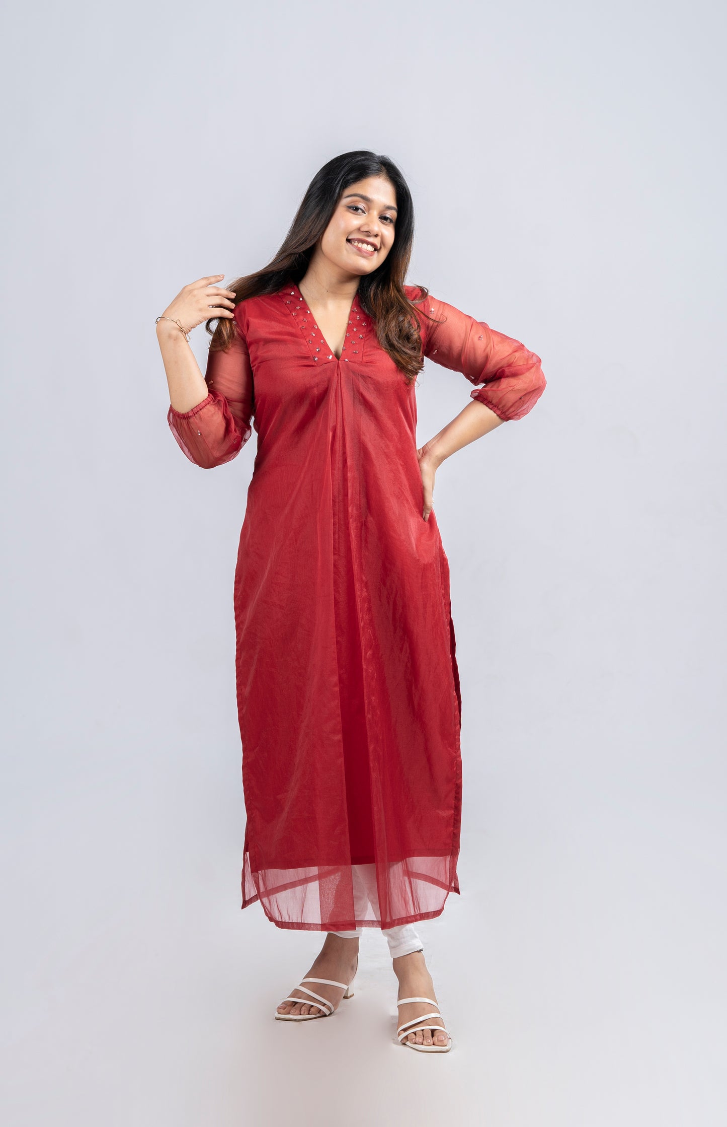 Organza kurti with handworked collar neck and sleeves in reddish meroon shade MBS-R238