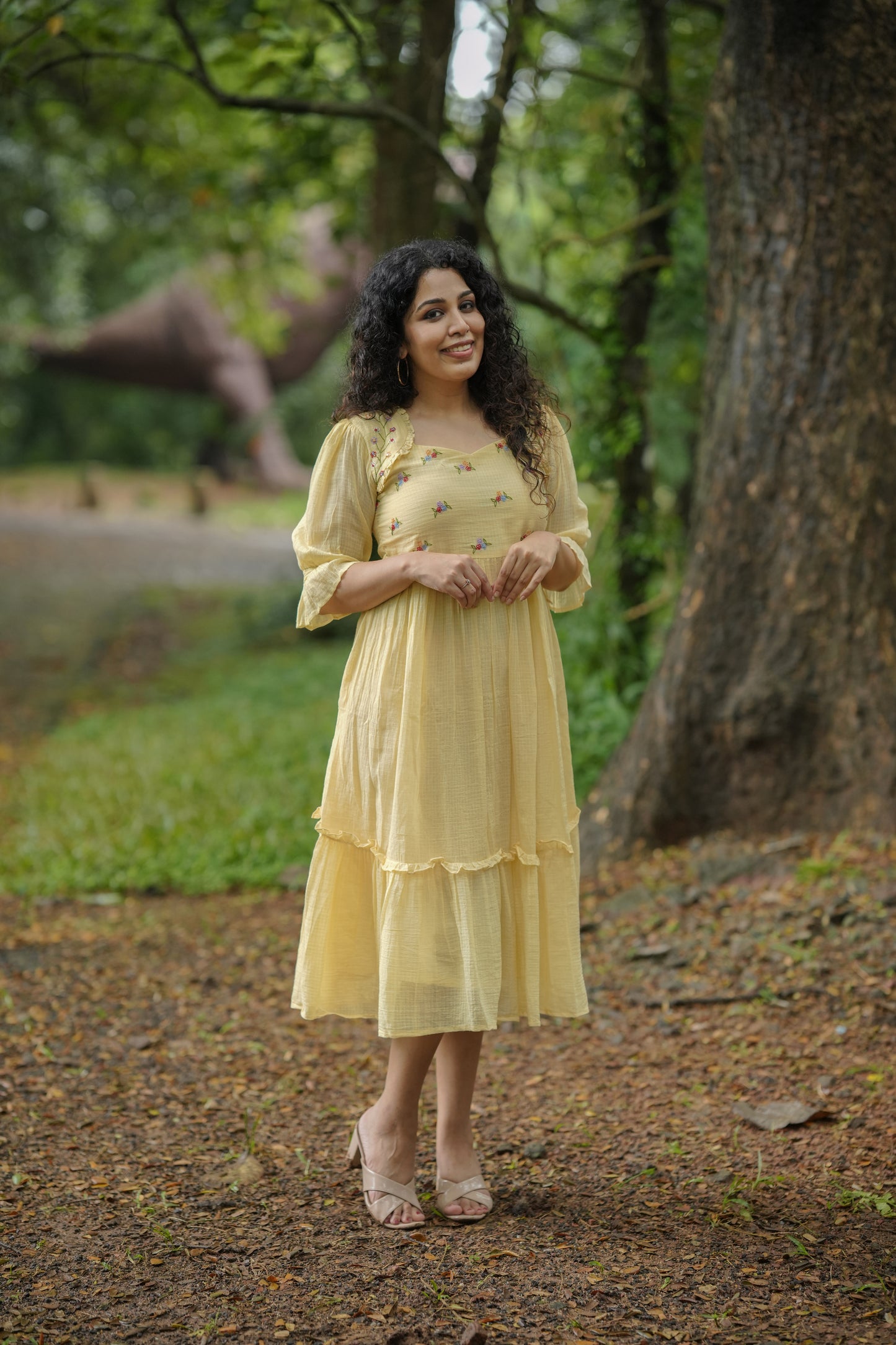 Yellow soft cotton kota checks kurti/dress with multi shaded thread embroidered yoke MBS-641