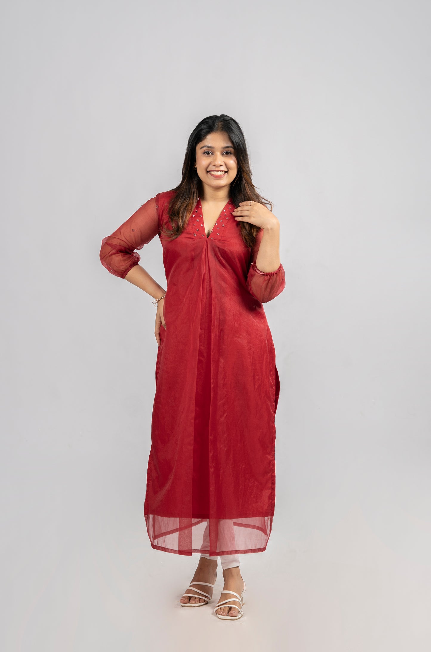 Organza kurti with handworked collar neck and sleeves in reddish meroon shade MBS-R238