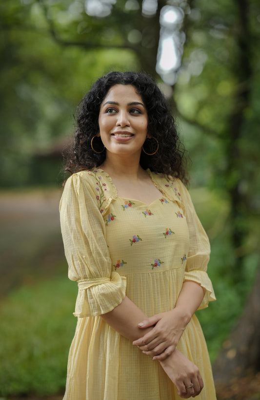 Yellow soft cotton kota checks kurti/dress with multi shaded thread embroidered yoke MBS-641