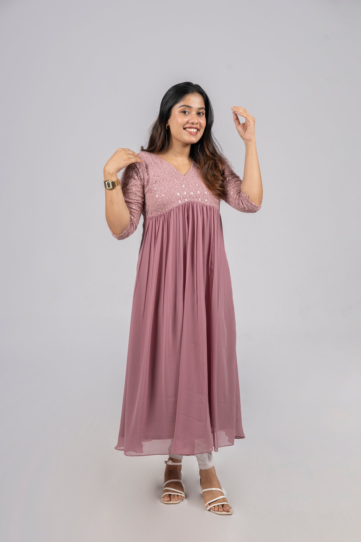 Antique mauve shaded georgette alia cut kurti with designer yoke and sleeves MBS-286