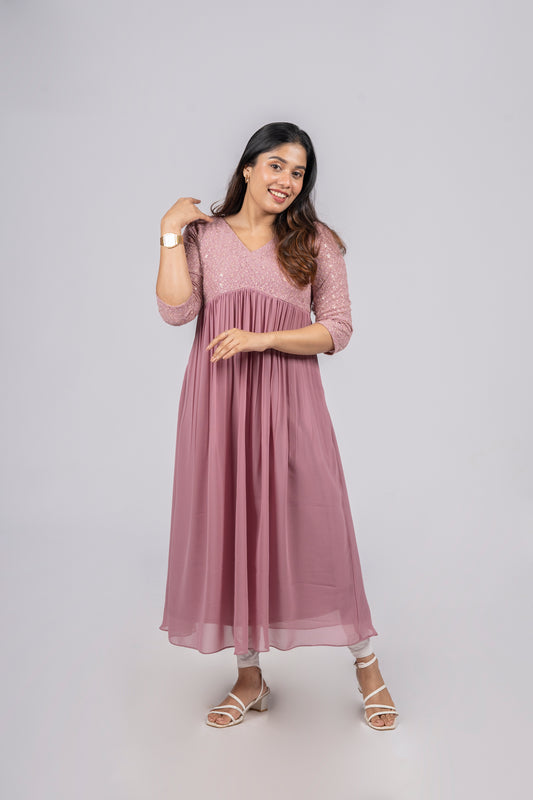 Antique mauve shaded georgette alia cut kurti with designer yoke and sleeves MBS-286