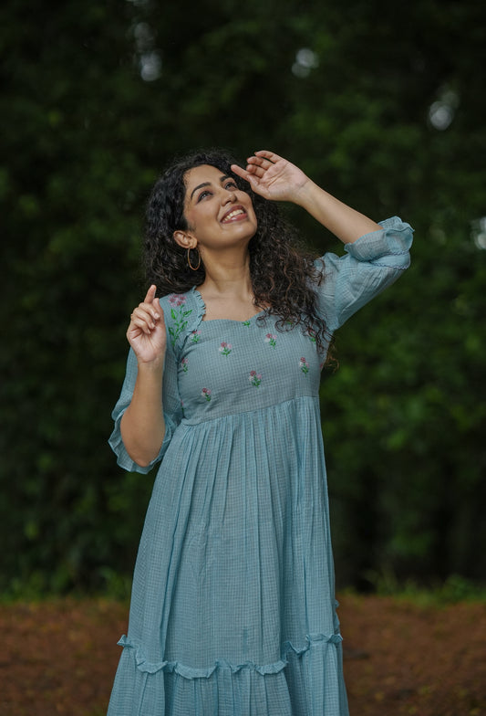 Blue soft cotton kota checks kurti/dress with multi shaded thread embroidered yoke MBS-642