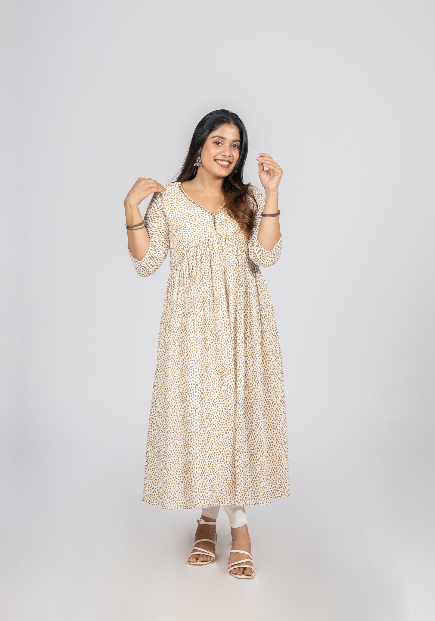 Polka dotted crepe cotton Alia cut A-line kurti with mirror worked neckline MBS-289