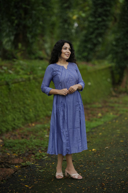 Pure viscose mul chanderi Aline kurti with pleated and lace detailed yoke in Purple blue shade  MBS-651