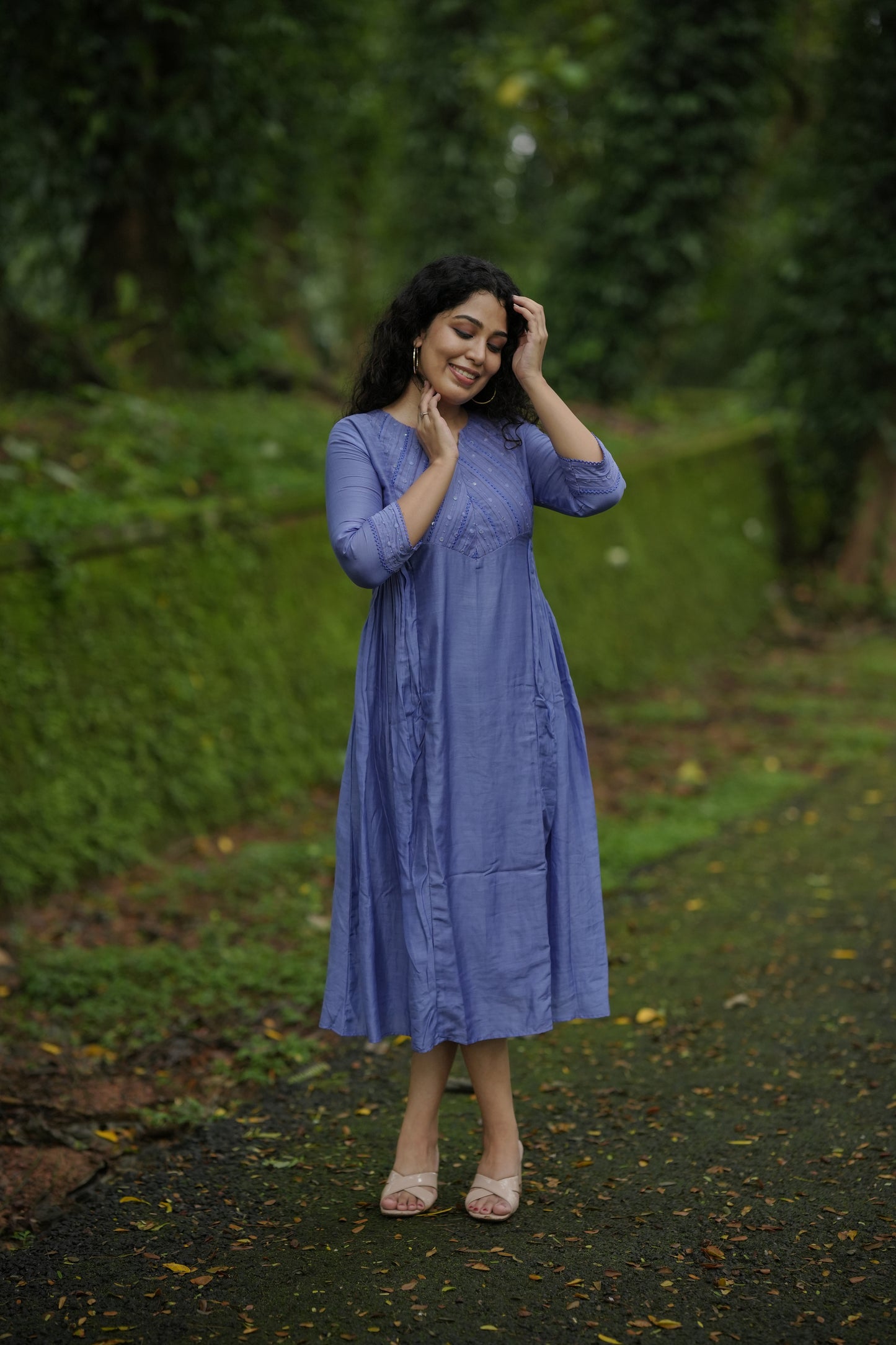 Pure viscose mul chanderi Aline kurti with pleated and lace detailed yoke in Purple blue shade  MBS-651