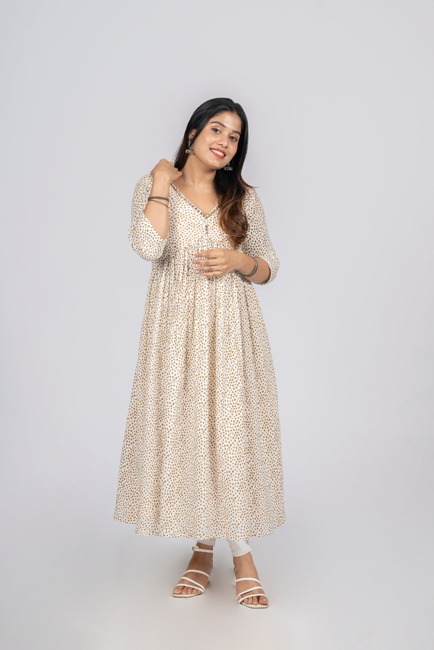 Polka dotted crepe cotton Alia cut A-line kurti with mirror worked neckline MBS-289