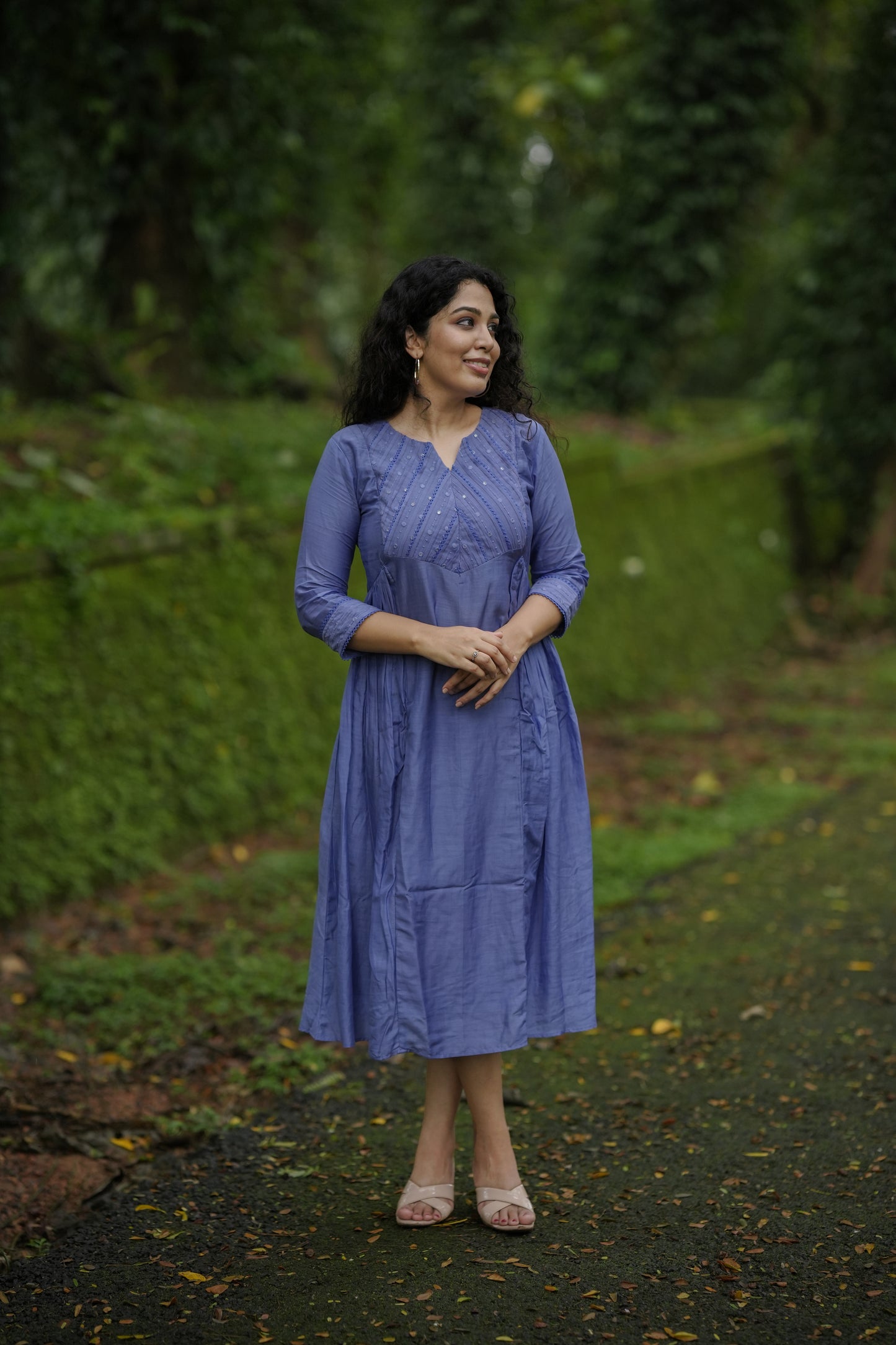 Pure viscose mul chanderi Aline kurti with pleated and lace detailed yoke in Purple blue shade  MBS-651