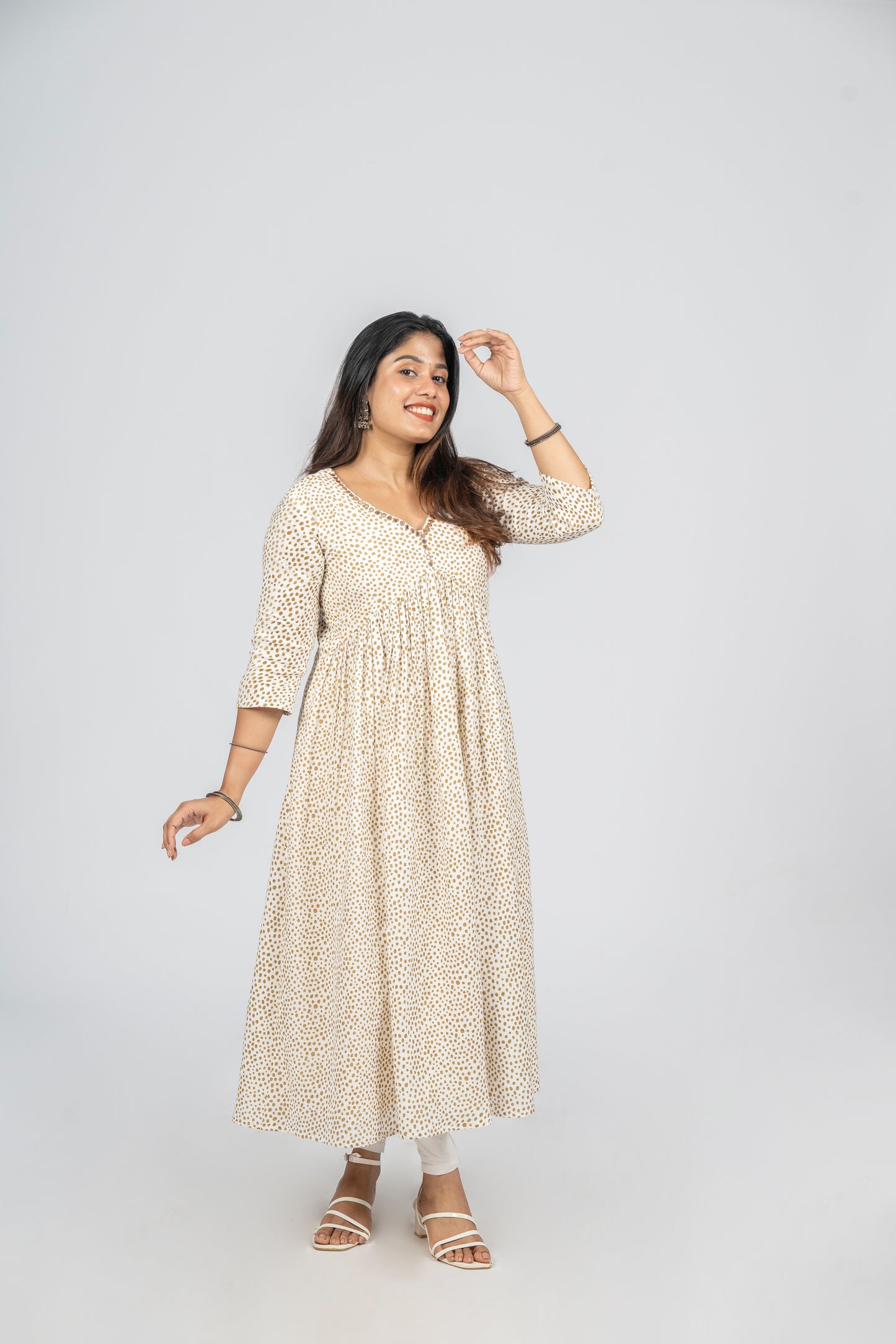 Polka dotted crepe cotton Alia cut A-line kurti with mirror worked neckline MBS-289
