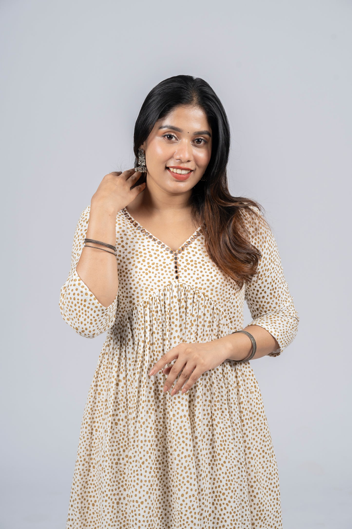 Polka dotted crepe cotton Alia cut A-line kurti with mirror worked neckline MBS-289