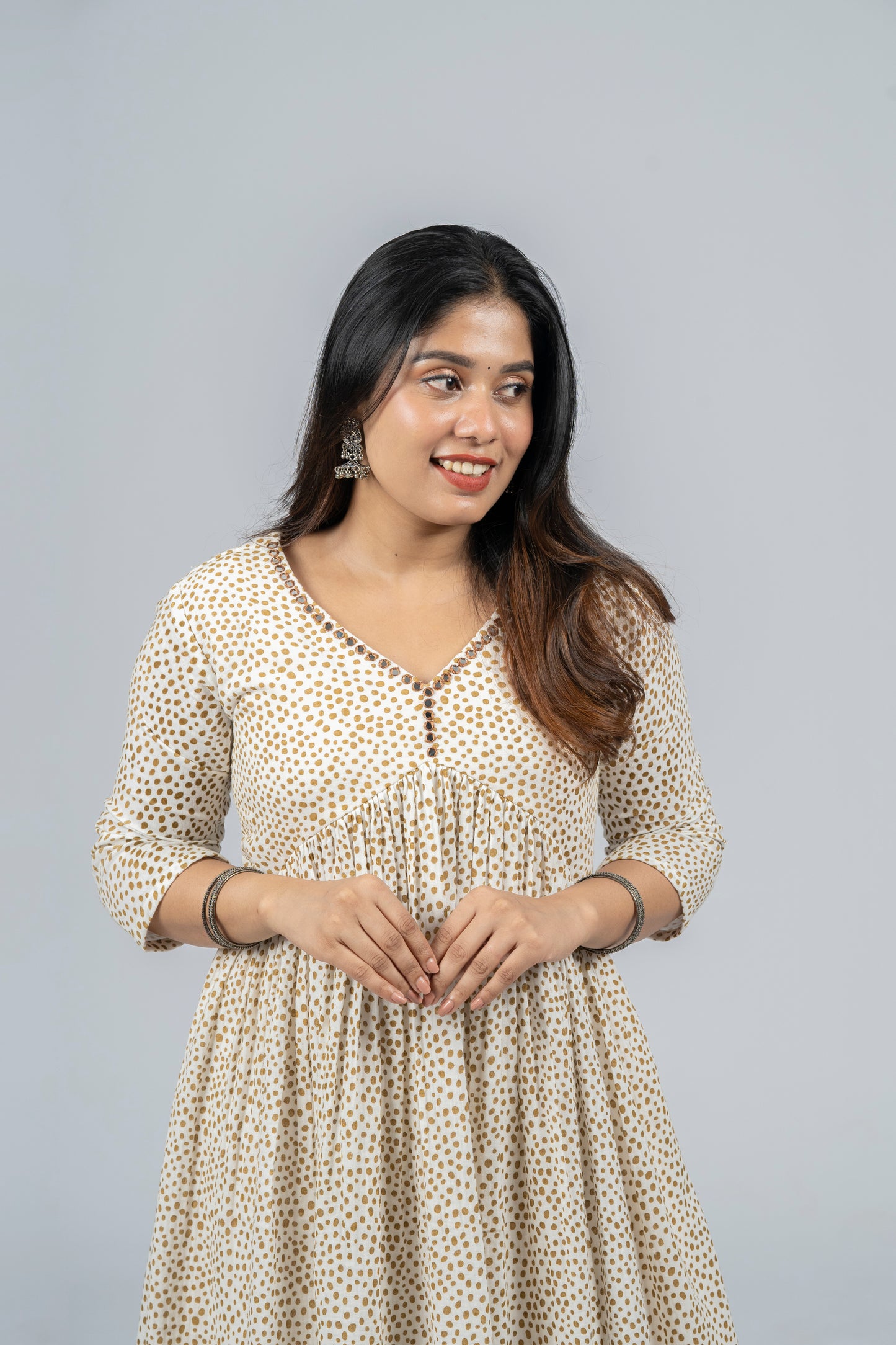 Polka dotted crepe cotton Alia cut A-line kurti with mirror worked neckline MBS-289