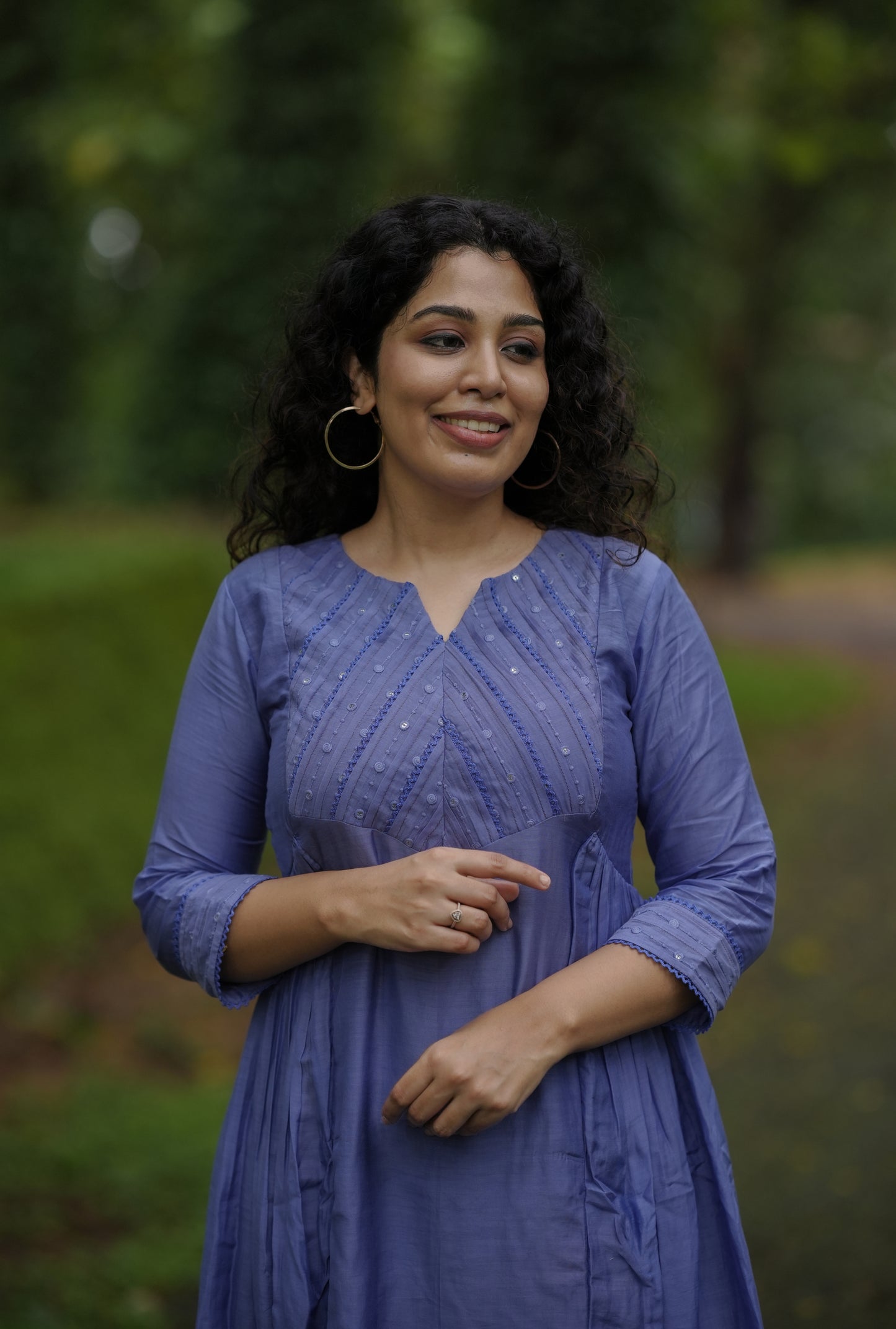 Pure viscose mul chanderi Aline kurti with pleated and lace detailed yoke in Purple blue shade  MBS-651