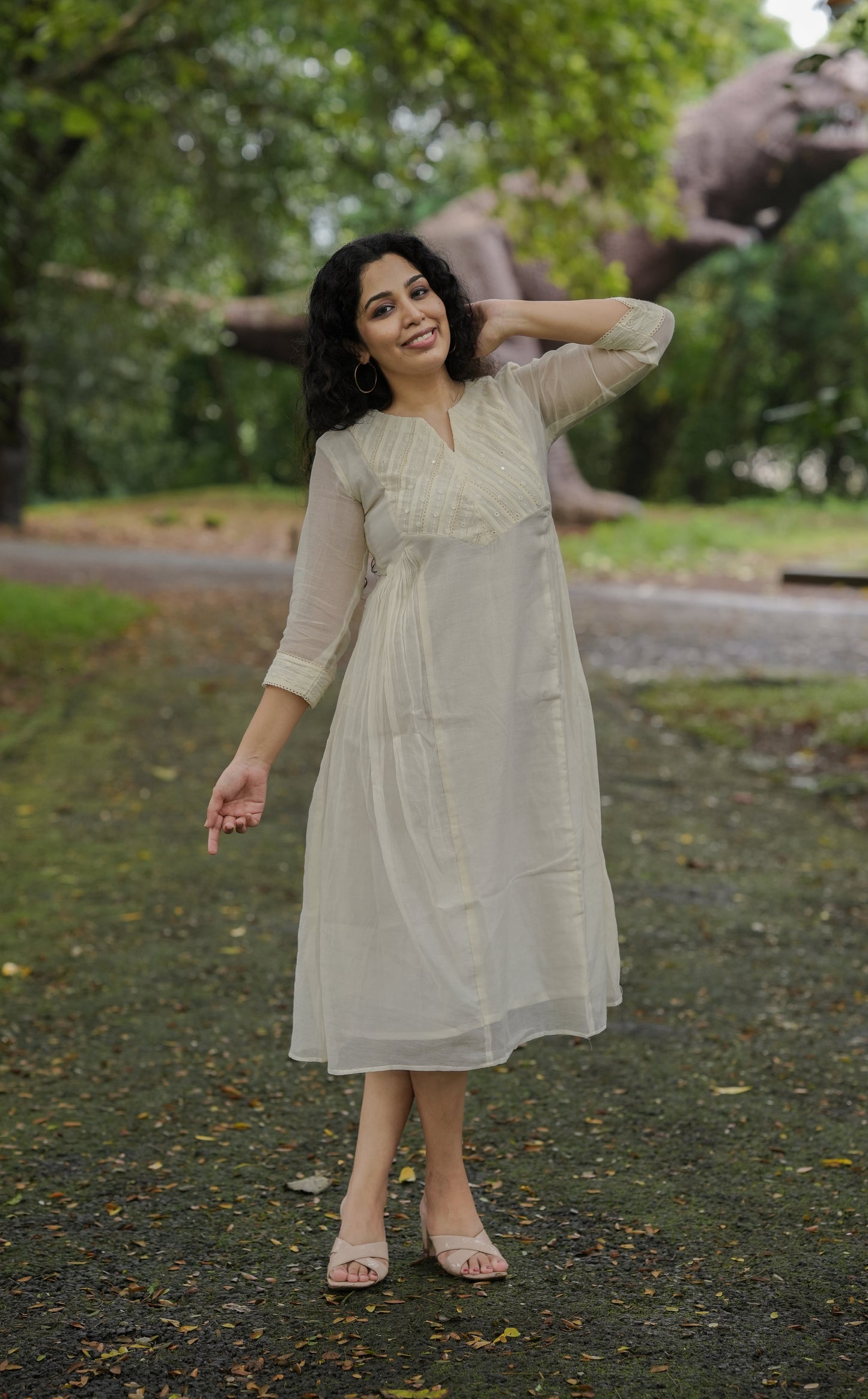 Pure  mul chanderi Aline kurti/dress with designer yoke in beige shade MBS-639