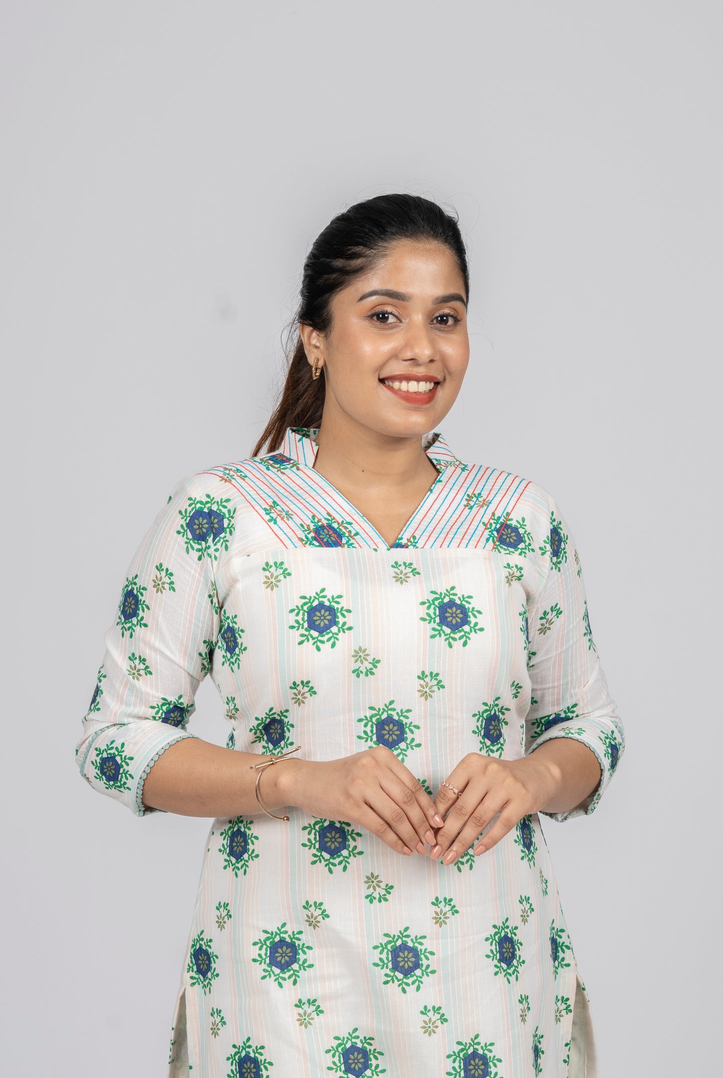 Self lined printed cotton kurti with Anchor thread detailing MBS-298