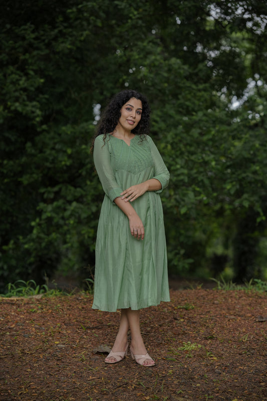 Pure viscose mul chanderi Aline kurti with pleated and lace detailed yoke in pastel green shade  MBS-652