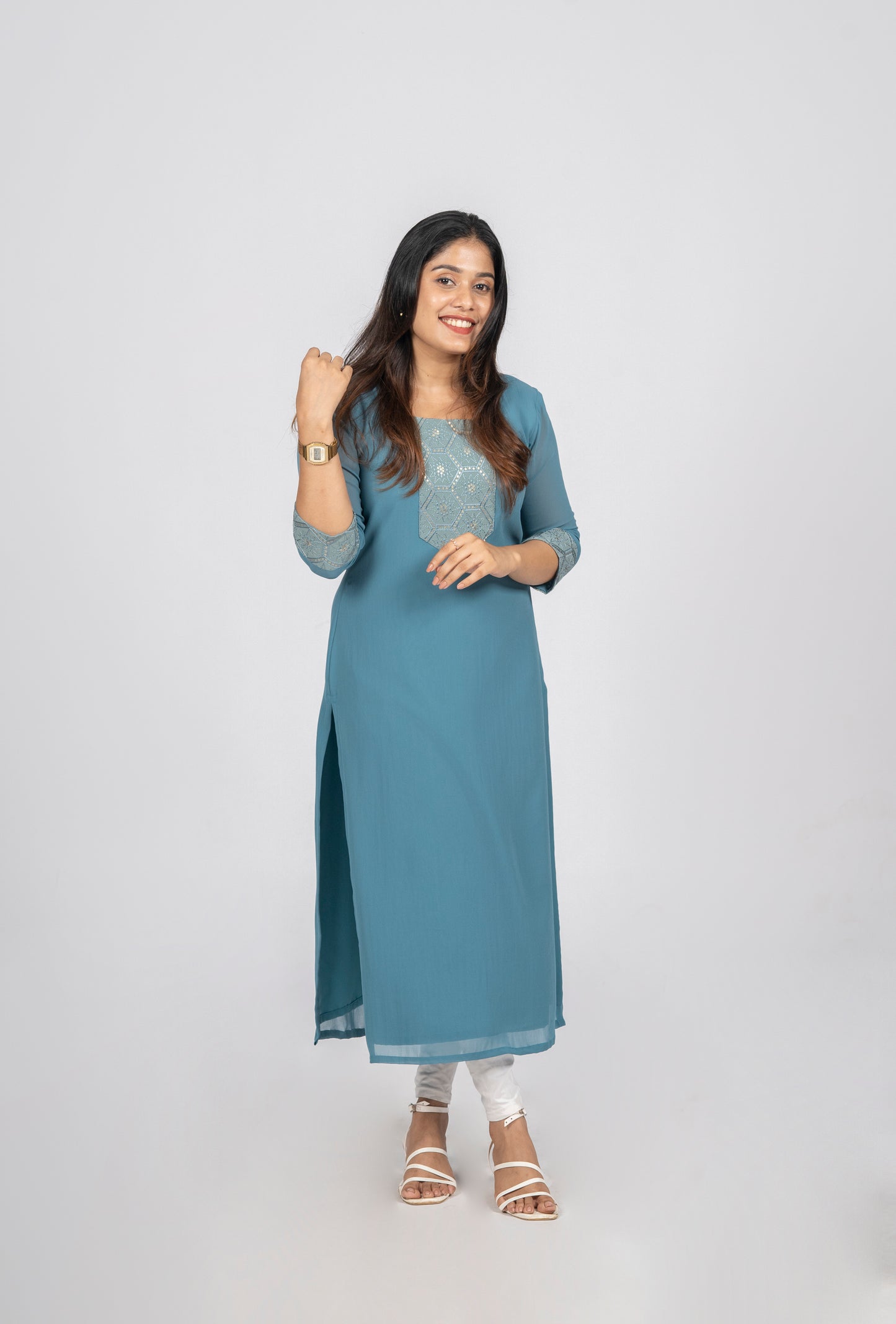 Teal blue shaded georgette kurti featuring with sequins yoke and sleeves MBS-287