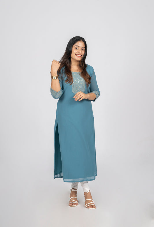 Teal blue shaded geaorgette kurti featuring with sequins yoke and sleeves MBS-287