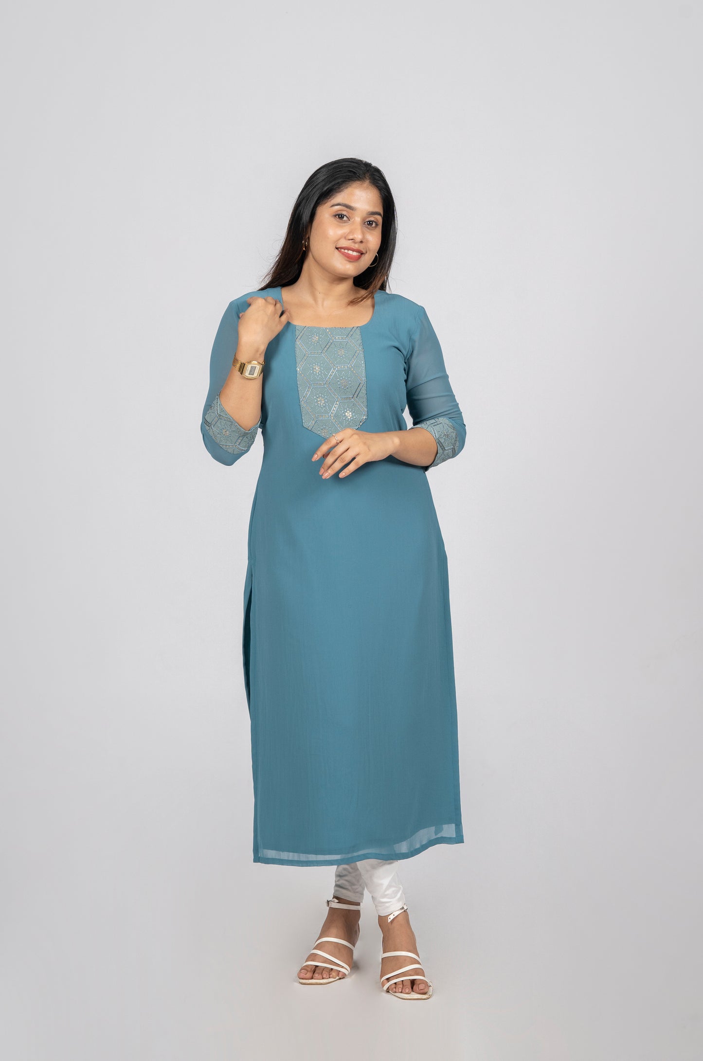 Teal blue shaded georgette kurti featuring with sequins yoke and sleeves MBS-287