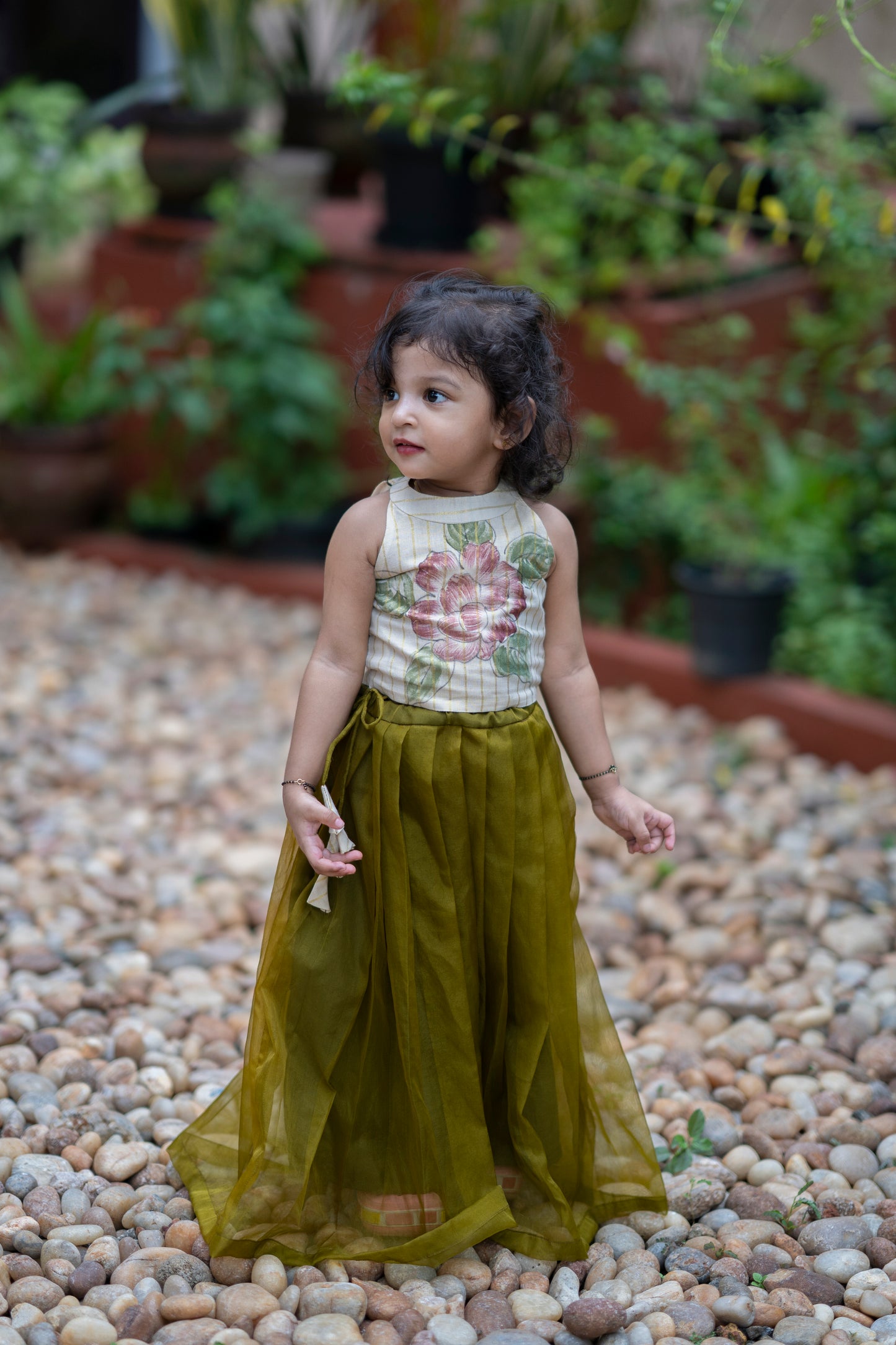 Kids Floral printed golden tissue halter neck top with organza skirt MBS-387